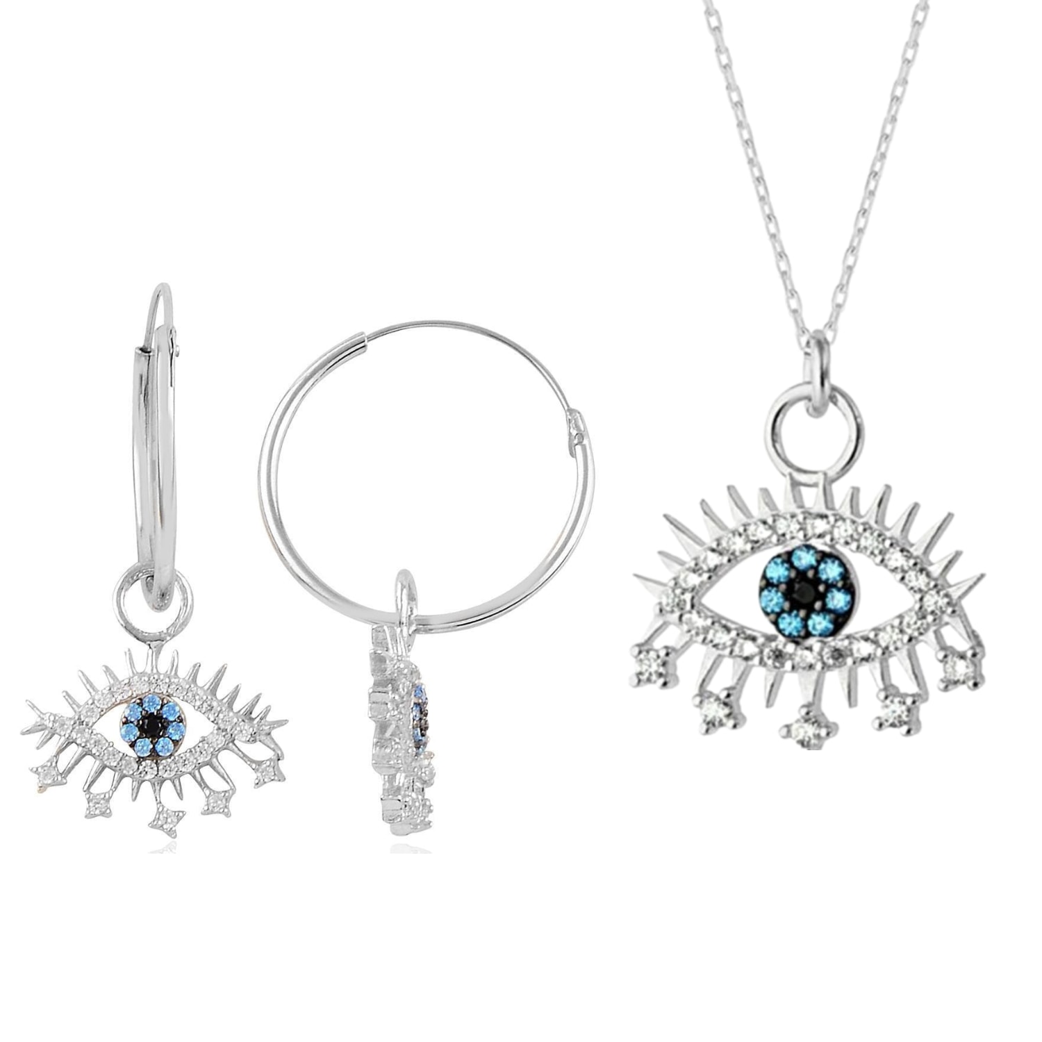 Women’s Evil Eye Earring Blue Eye Sterling Silver Pendant Eyelash Necklace & Earring Set - Silver Spero London