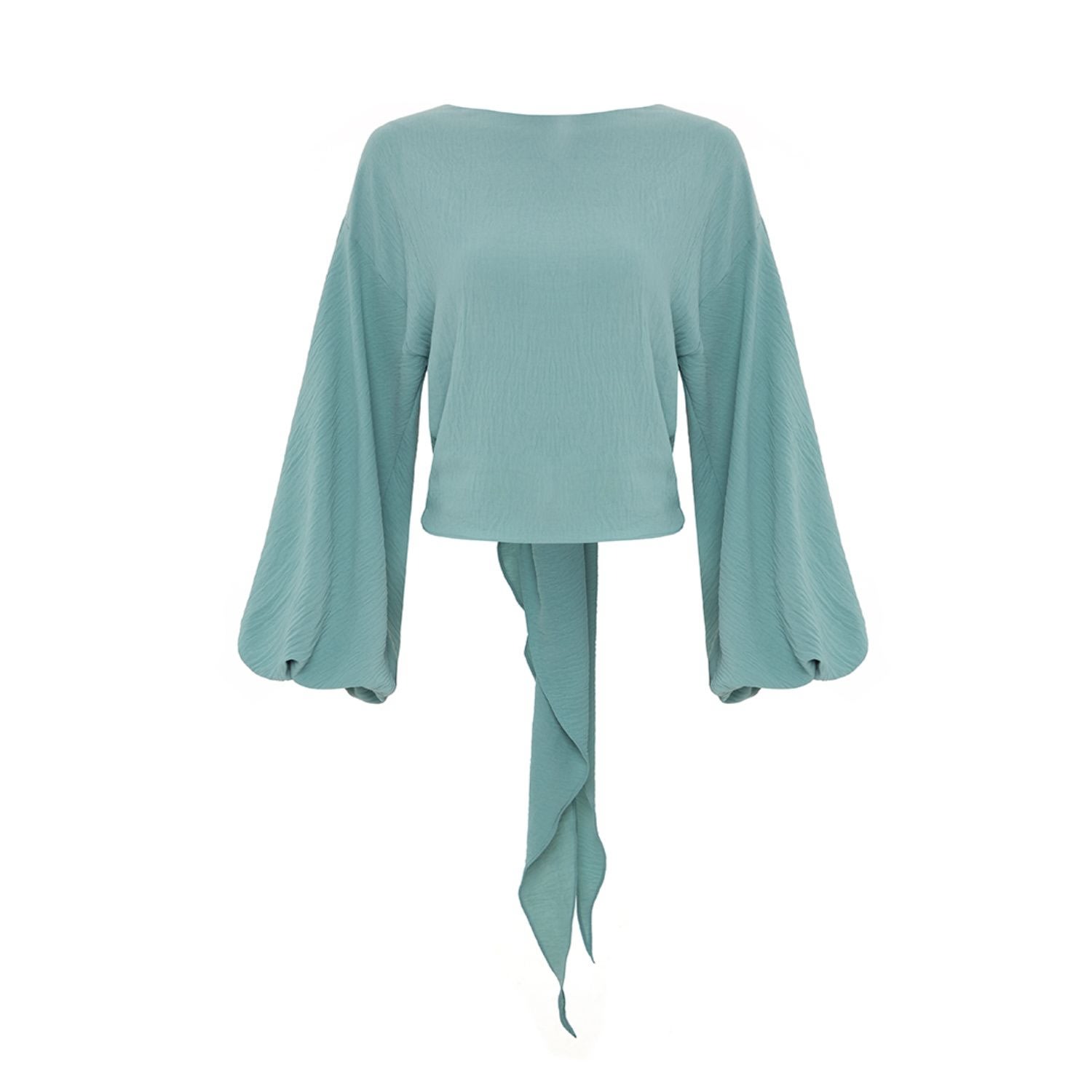 Azzalia Women's Green Long And Puffy Sleeves Top With Low Bow In Jade In Green