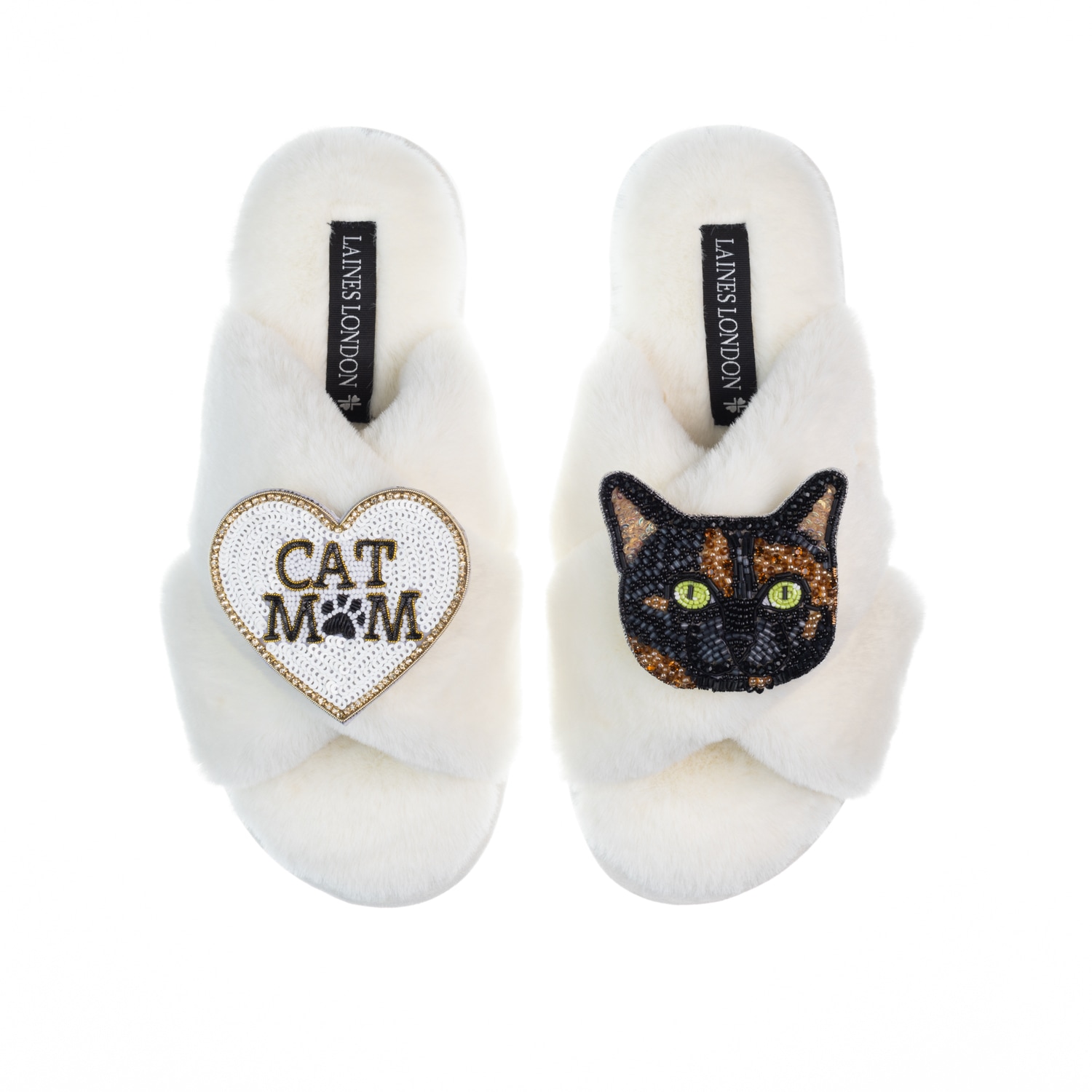 Women’s White Classic Laines Slippers With Cat Mum / Mom & Misty Cat Brooches - Cream Extra Large Laines London