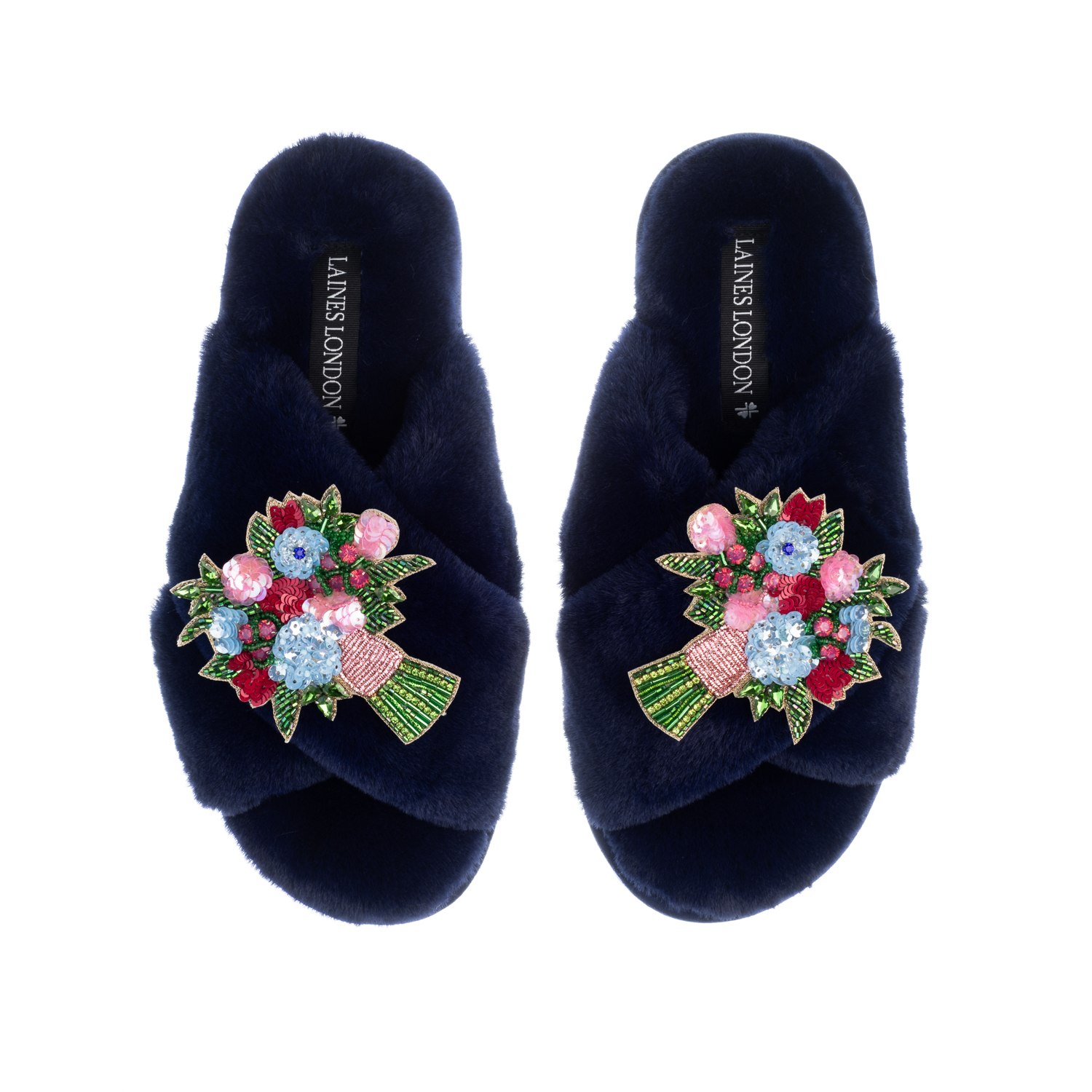 Laines London Women's Blue Classic Laines Slippers With Double Floral Bouquet Brooches - Navy In Blue