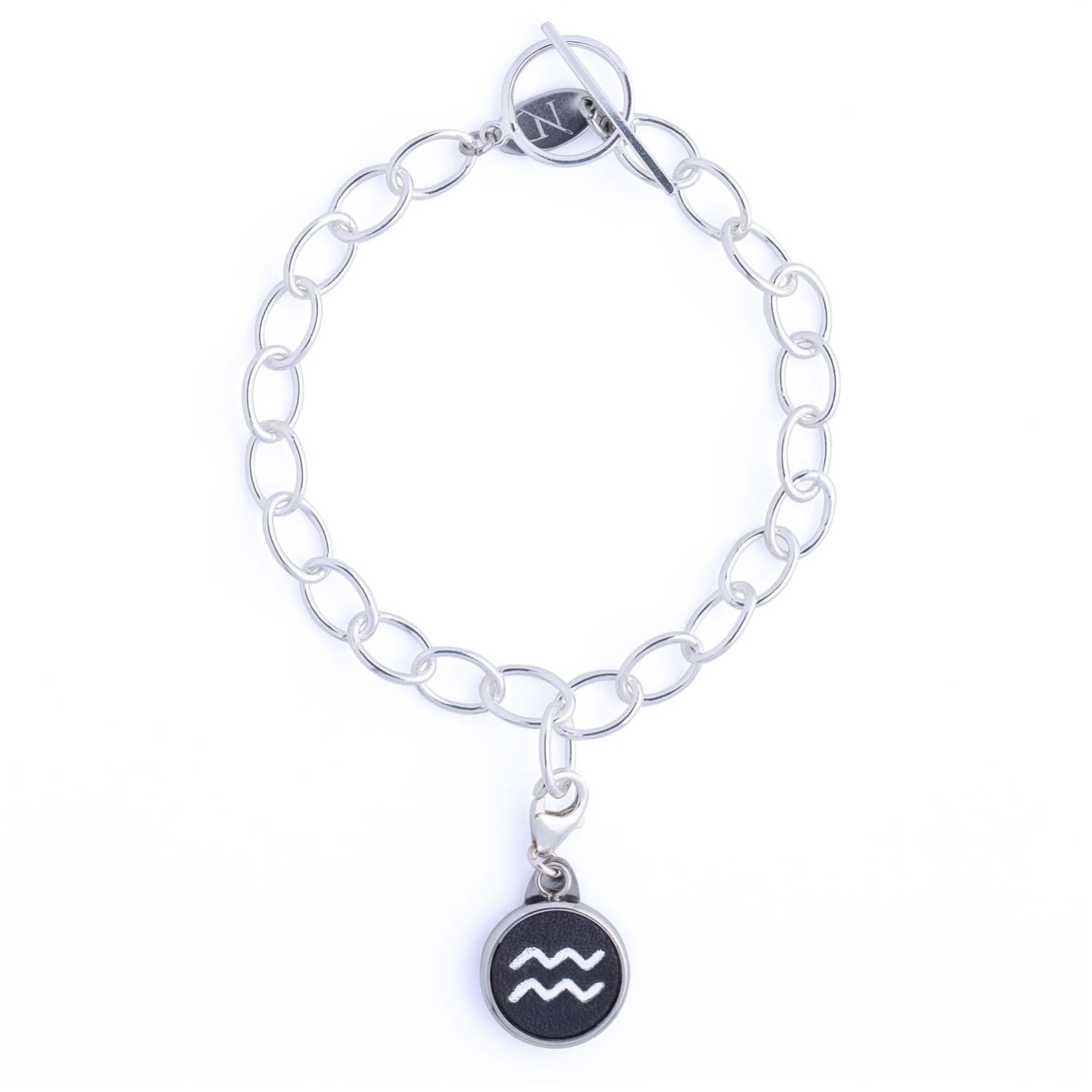 N'damus London Women's Aquarius Zodiac Sterling Silver & Leather Curb Bracelet