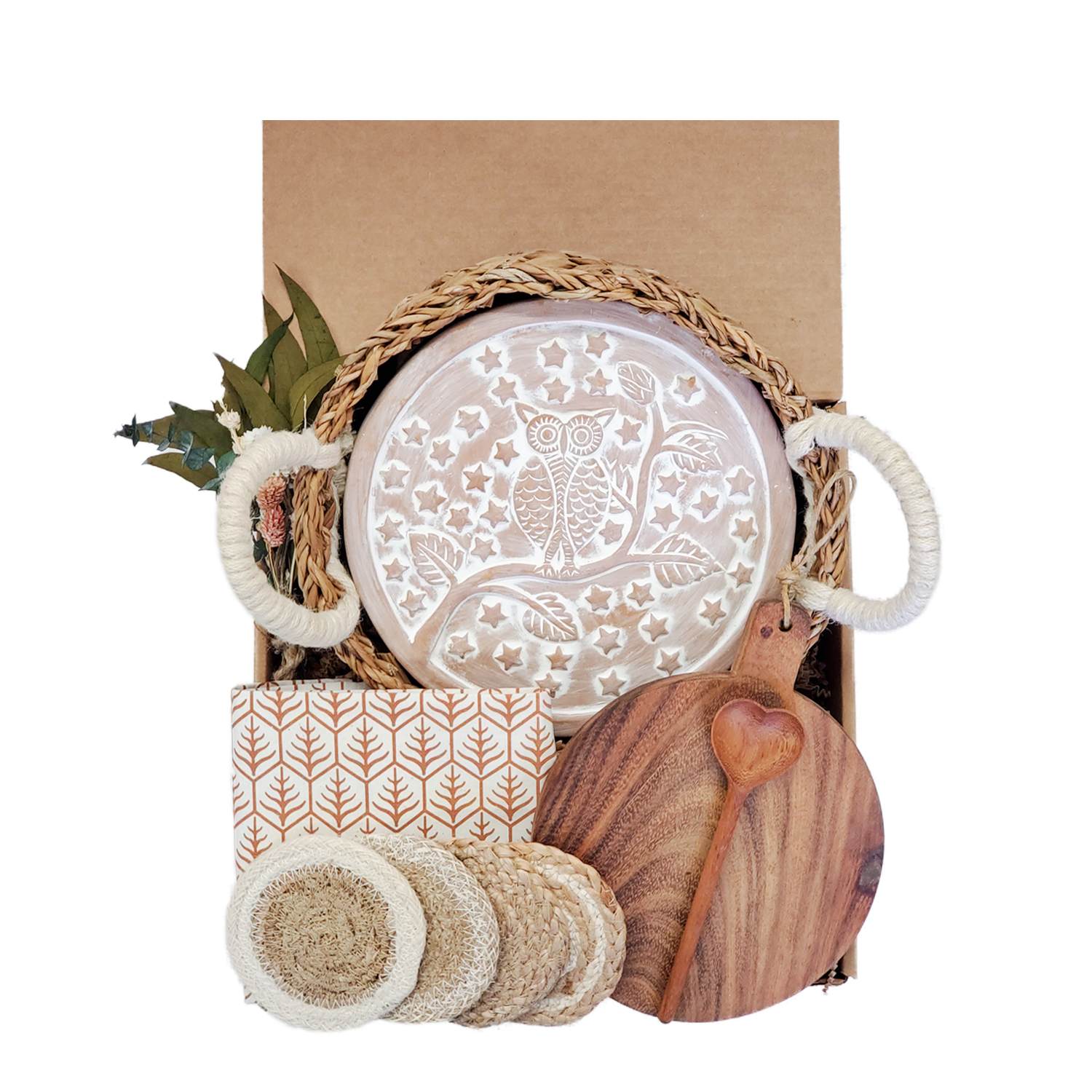 Korissa Bread Warmer Gift Box With Round Wooden Board, Spoon And Light Brown Tea Towel - Owl Round