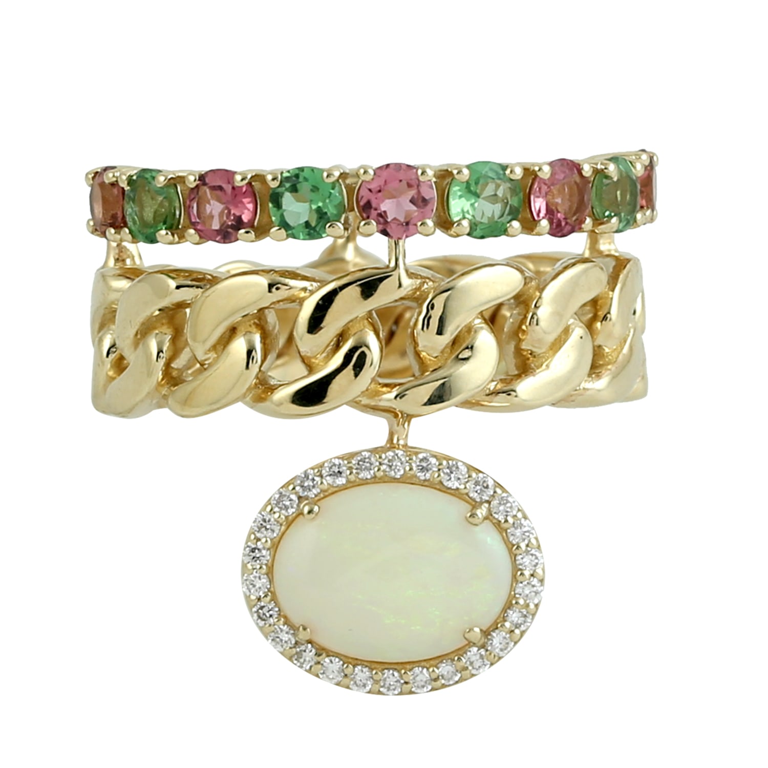 Women's Gold / White Opal, Multi Tourmaline & Diamond Chain Link Ring In 14K Yellow Gold | Artisan