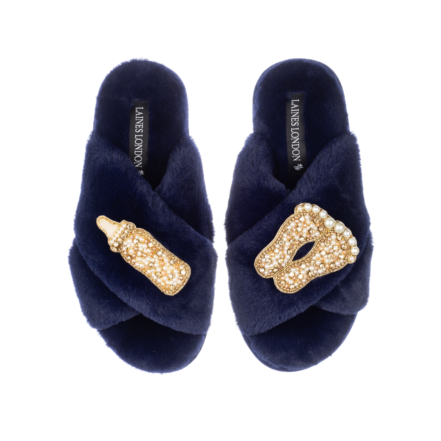 Laines London Women's Blue Classic Laines Slippers With Gold New Baby Brooches - Navy In Blue