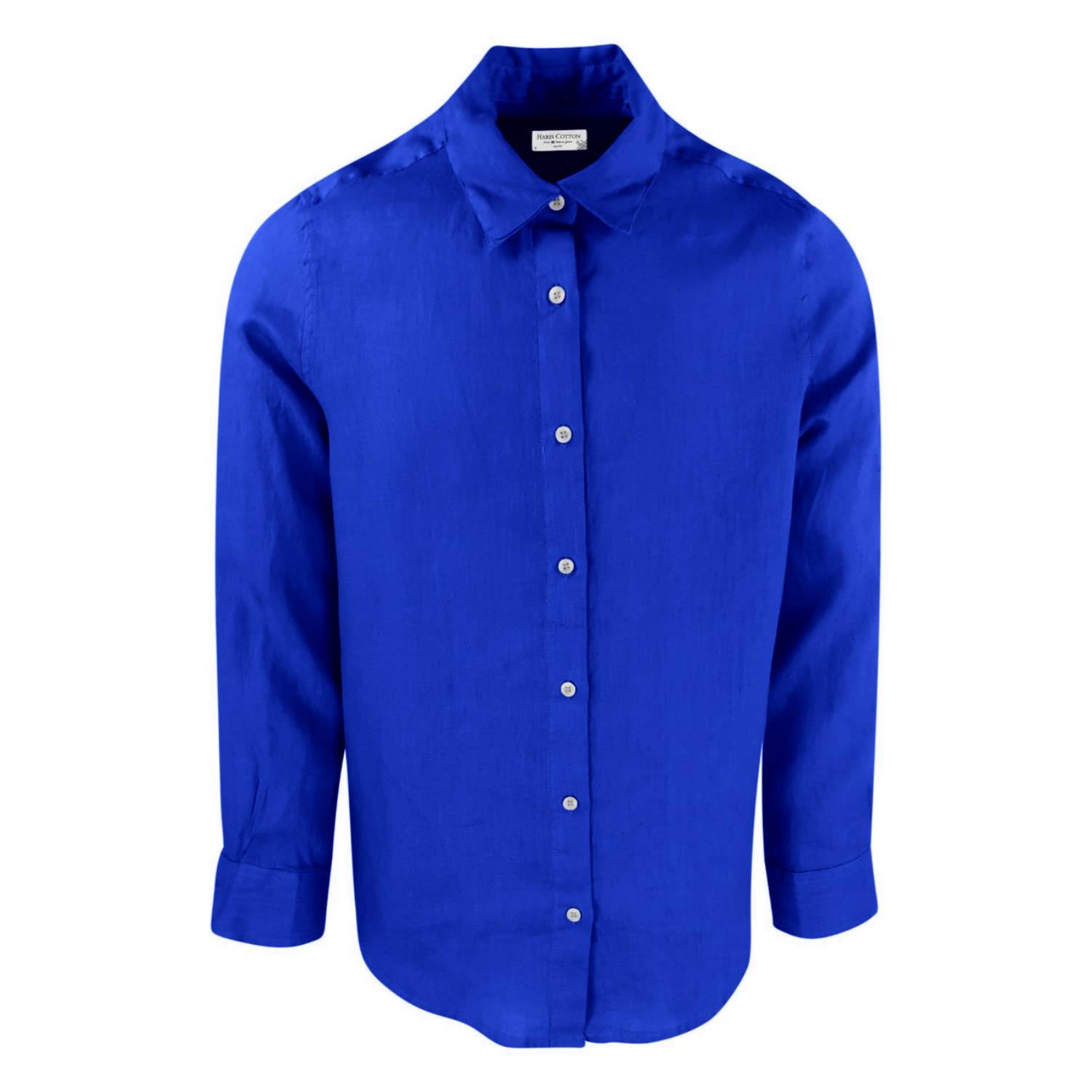 Haris Cotton Men's Blue Linen Basic Long-sleeved Shirt - Lapis In Blue