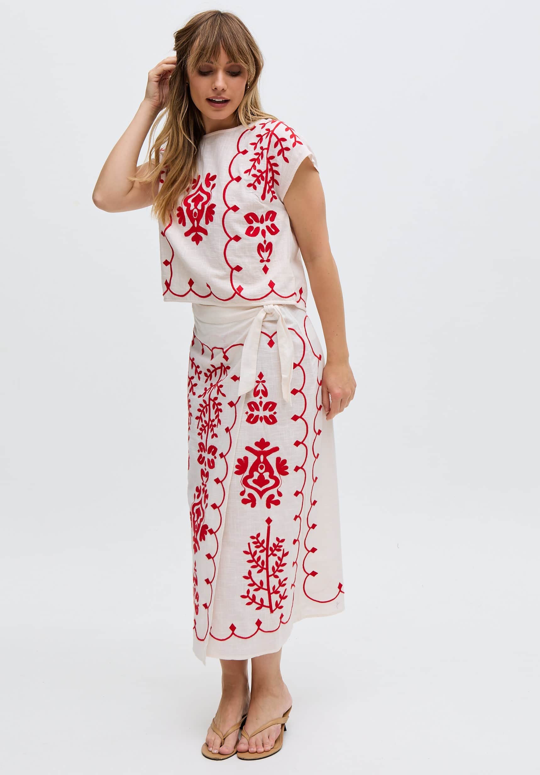 Fraya Cross Hatch Embroidered Wrap Midi Skirt In White | Raffya