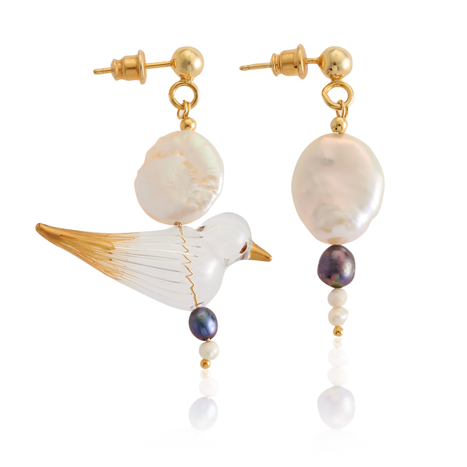 Women’s Gold / White Pigeon Earring Handmade Blown Glass Set Sugibi Shop