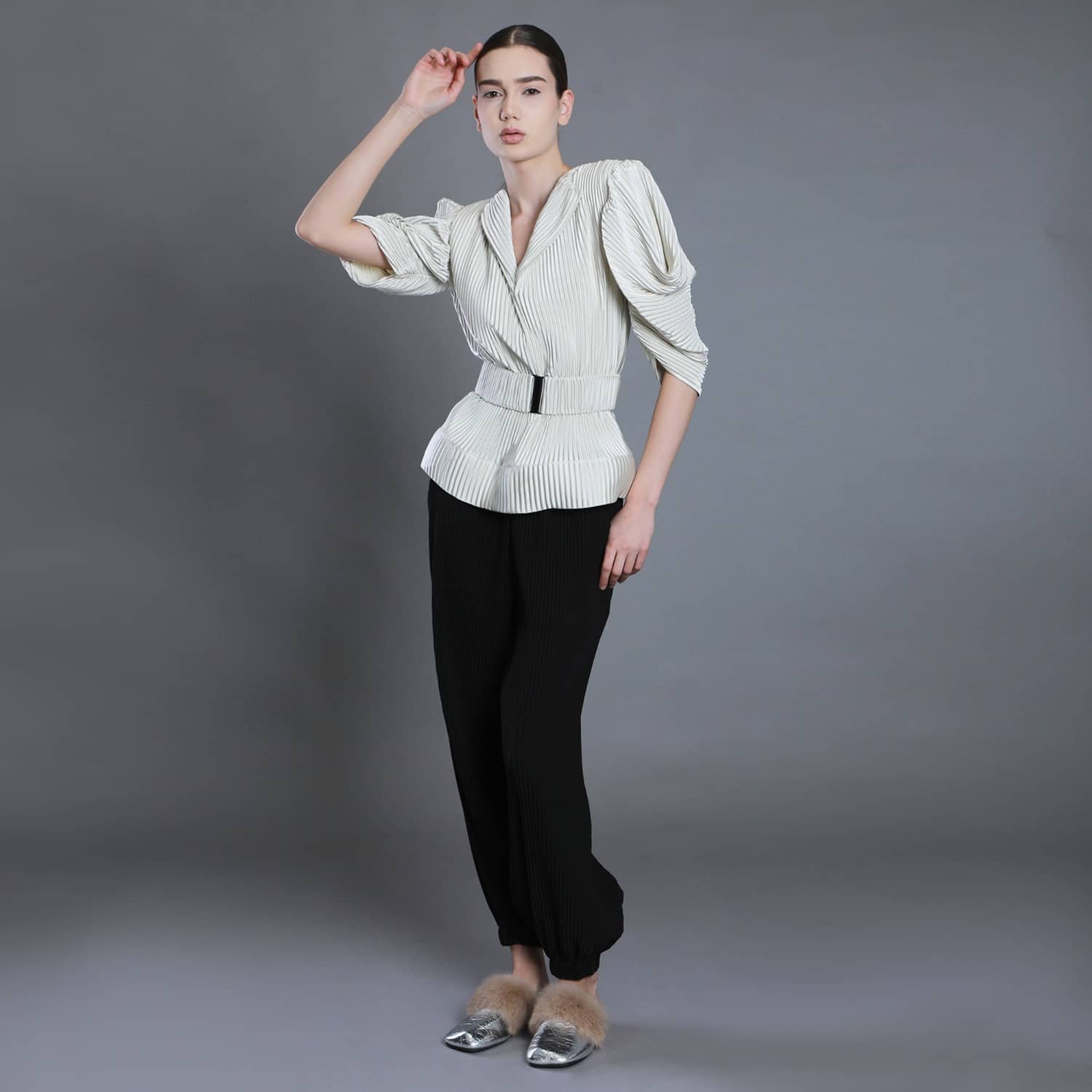 V-Neck Pleated Ivory Satin Blouse | Silvia Serban | Wolf & Badger