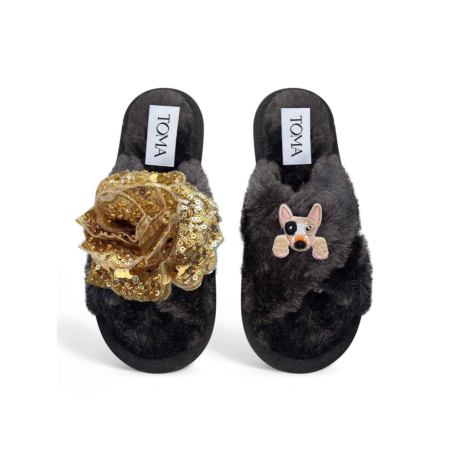 Toma Women's Classic  Open Toe Gold Sequin Flower And Dog Three Black Slippers In Black