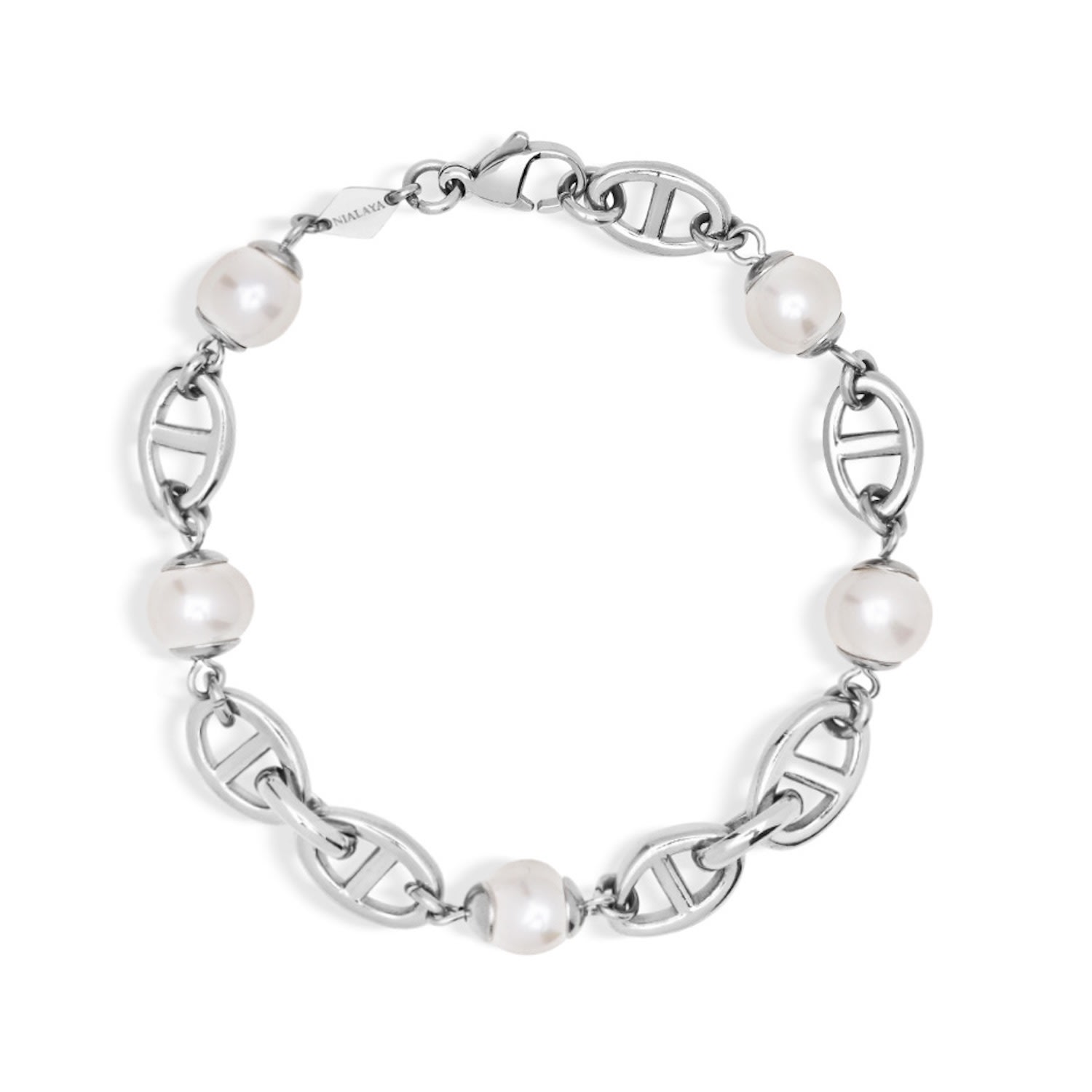 Nialaya Silver / White Men's Mariner Bracelet With Pearls In Silver/white