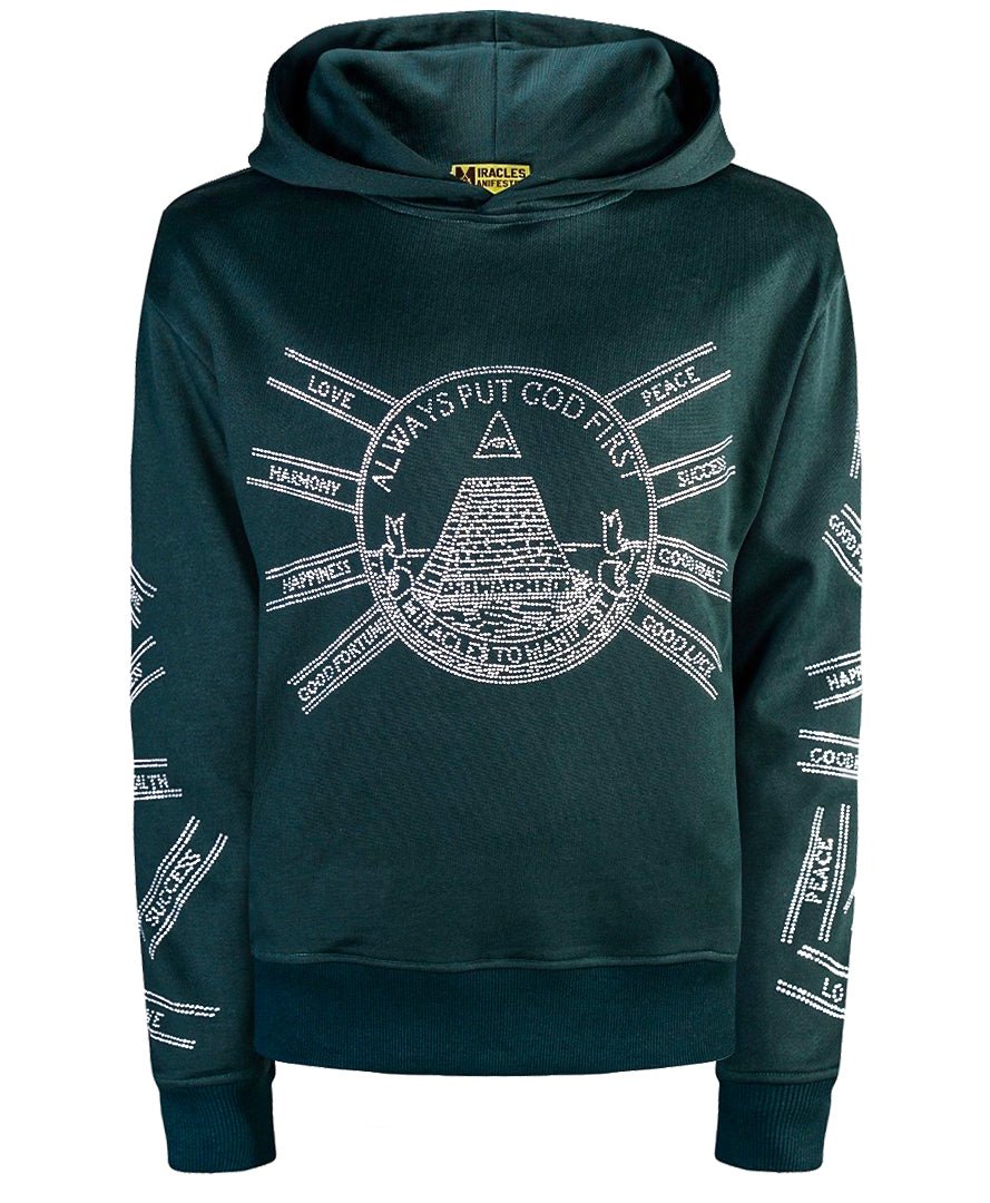 Miracles Manifester Women's God First Affirmation Hoodie With Rhinestone Design - Forest Green In Green