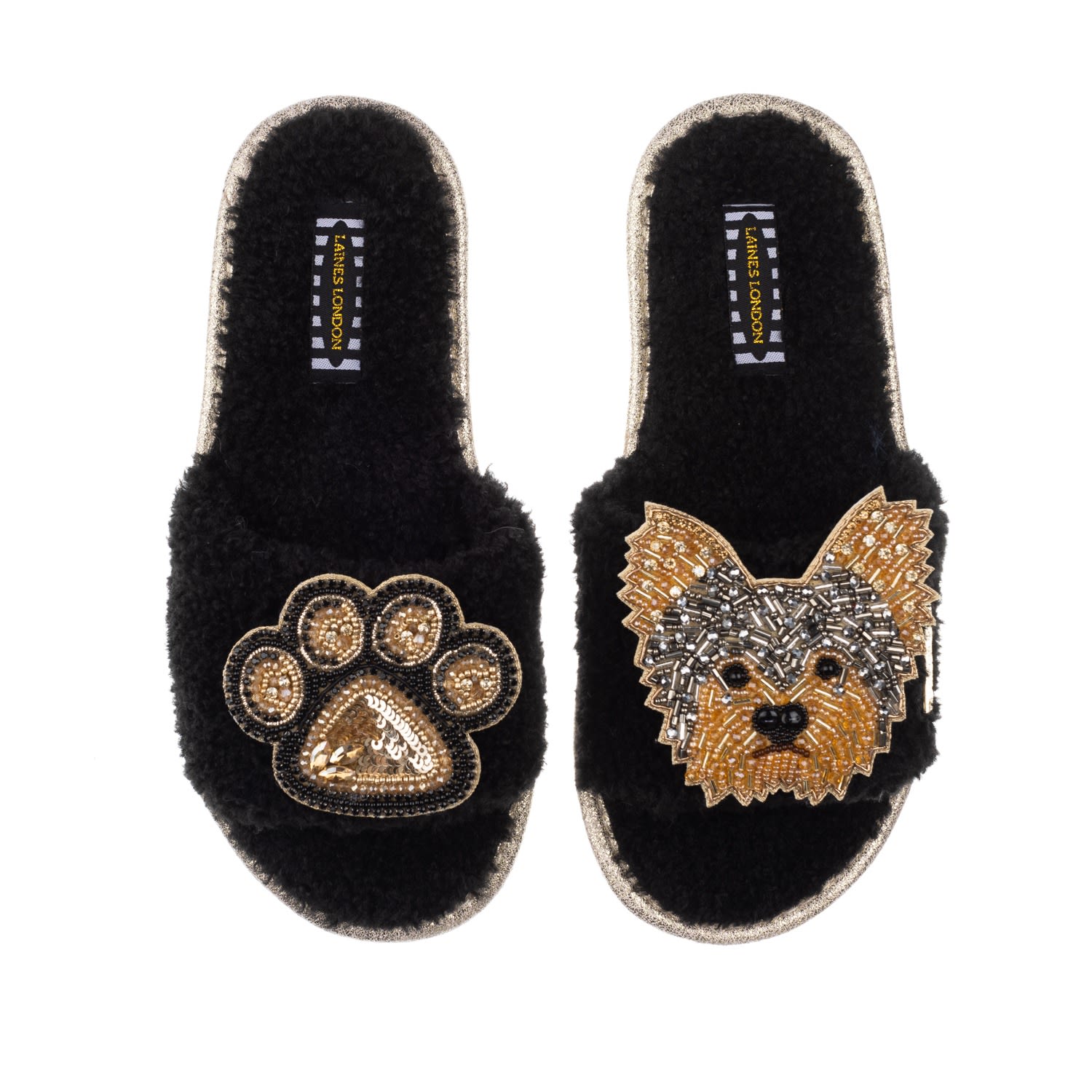 Laines London Women's Teddy Towelling Slipper Sliders With Minnie Yorkie & Paw Brooches - Black In Black