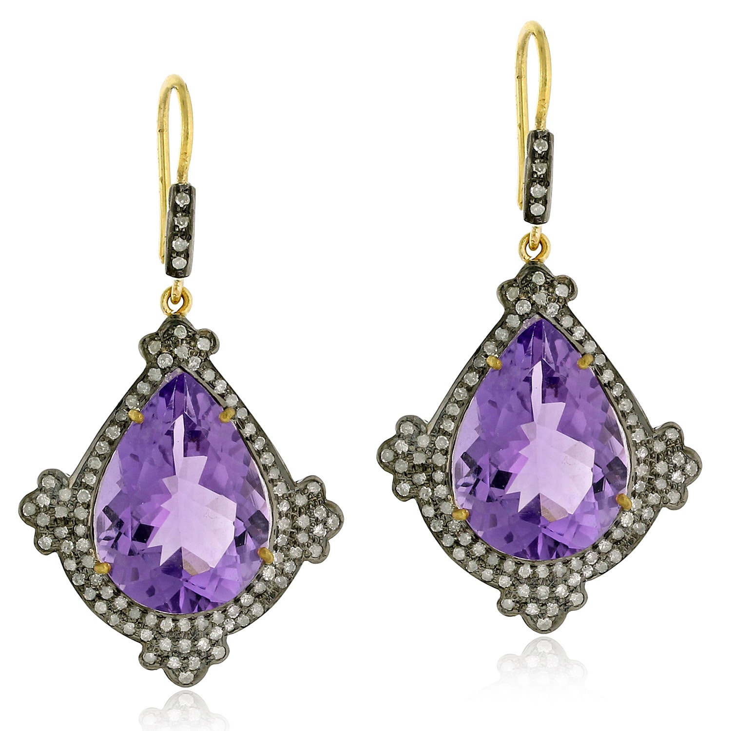 Women’s Gold / Pink / Purple Teardrop Amethyst & Pave Diamond In 18K Gold With Silver Dangle Earrings Artisan