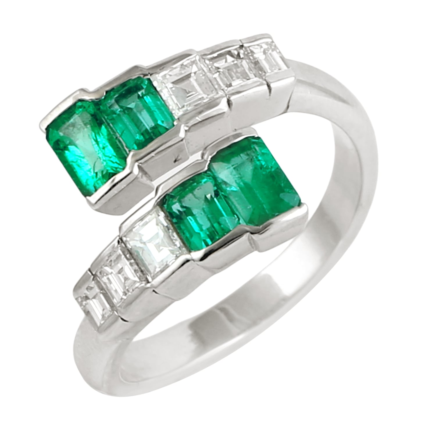 Artisan Women's White / Green Emerald & Diamond Baguette Bypass Ring In 18kt White Gold In Multi