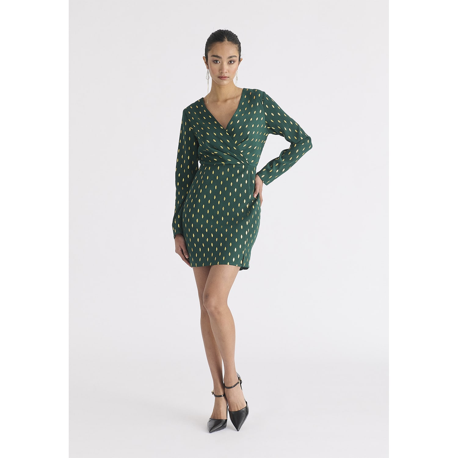 Gold Foil Print Mini Wrap Dress With Slit In Dark Green & Gold | PAISIE |  Wolf & Badger