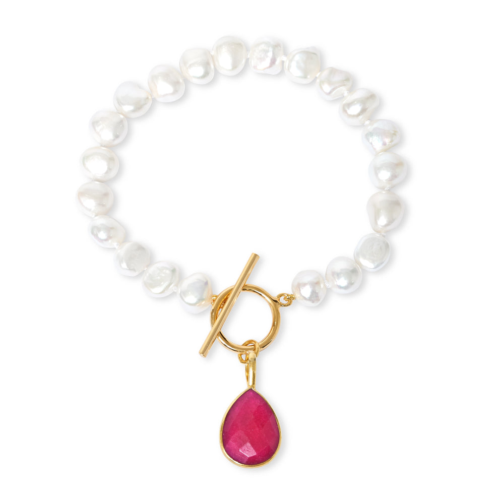 Women’s Red / White Clara White Cultured Freshwater Pearl Bracelet With A Ruby Quartz Drop Pendant Pearls of the Orient Online