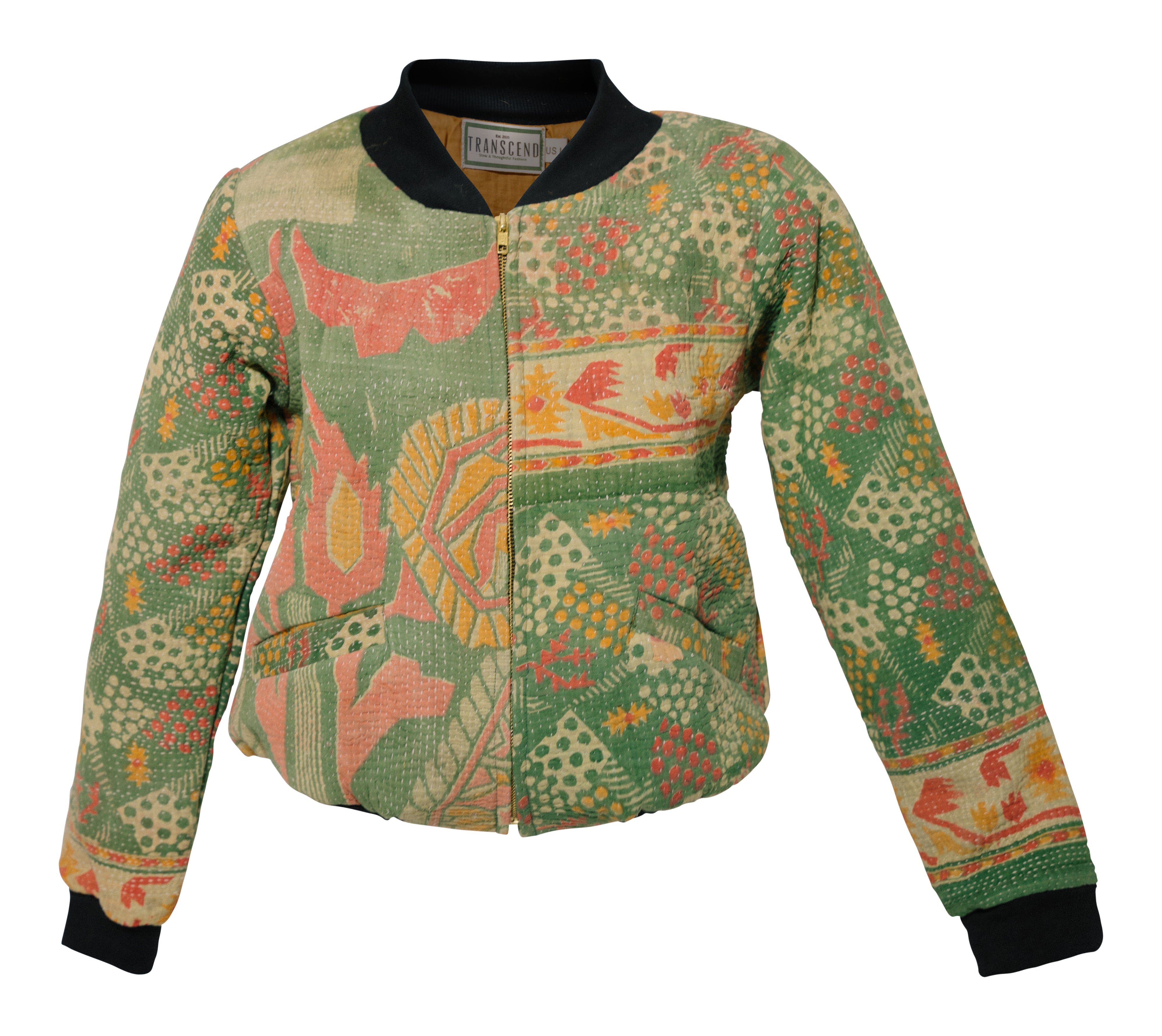 Women’s Nadia Bomber Jacket - Vintage Kantha - Green Patterns - Small Small Transcend