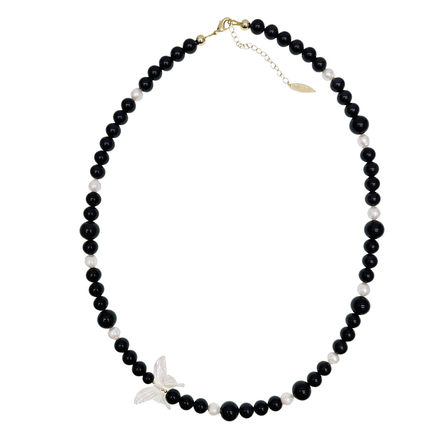 Farra Women's Black / White Black Obsidian With White Butterfly Charm Statement Necklace In Multi