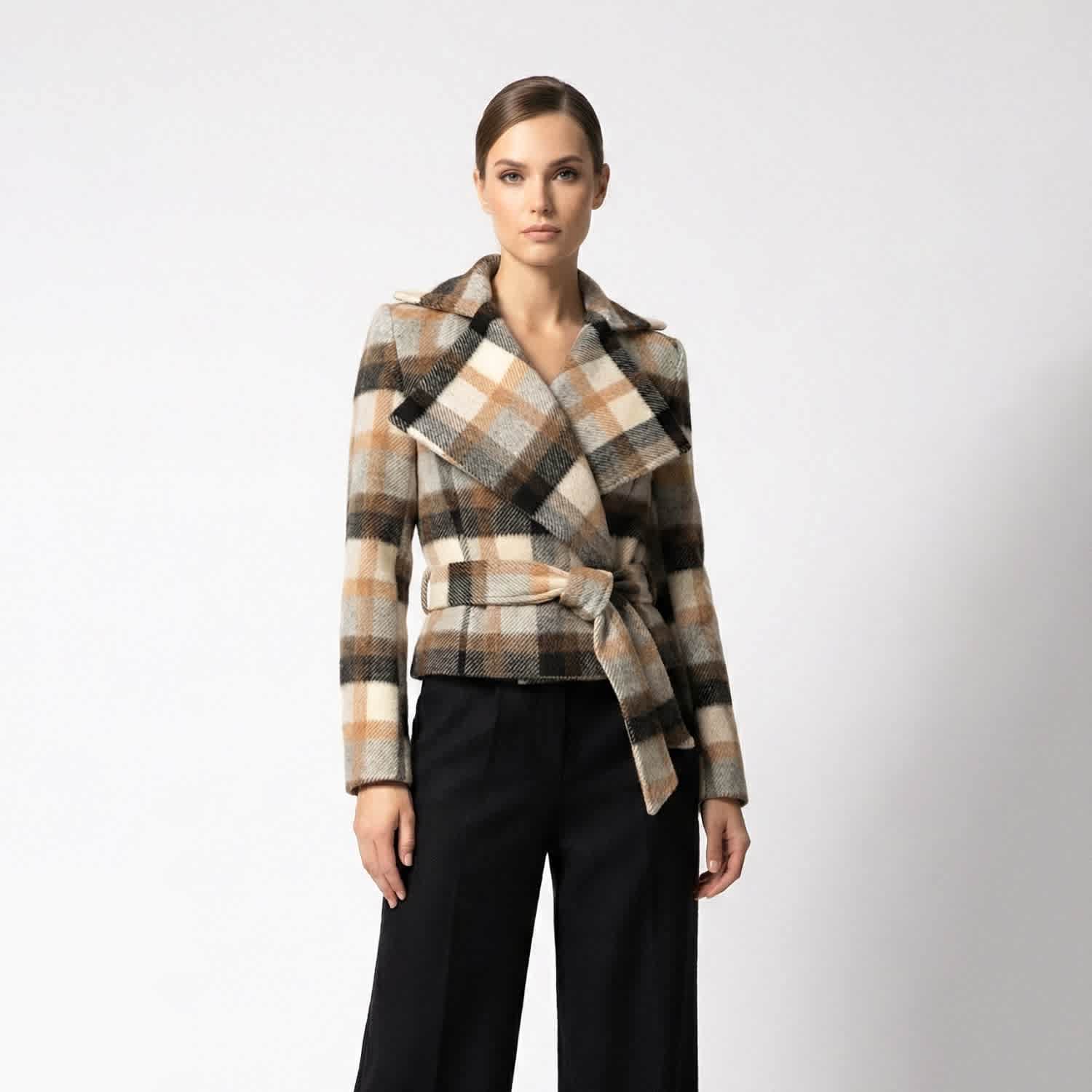 Checked Wool Double Breasted Wide Lapel Jacket With Belt | AVENUE  display picture 1