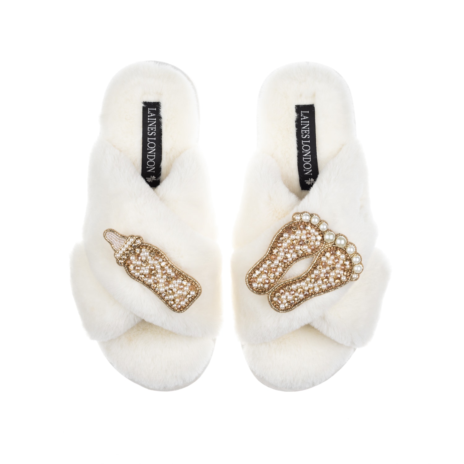 Women's White / Neutrals / Gold Classic Laines Slippers With Gold New Baby Brooches - Cream | Extra Large | Laines London