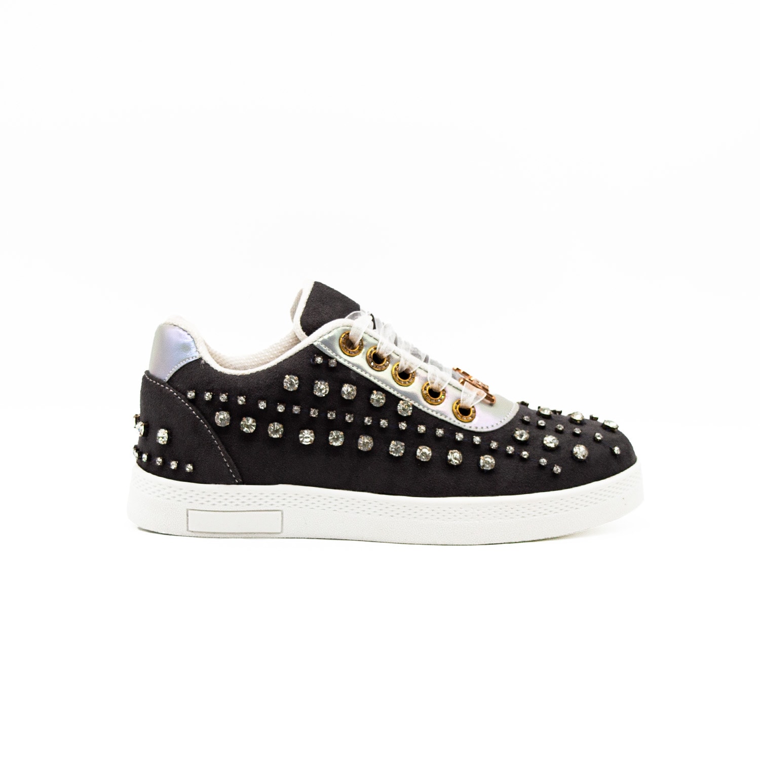 Rettrose Women's Grey The Charlie Luxury Slate Suede Handmade Embellished Tennis Shoe In Grey
