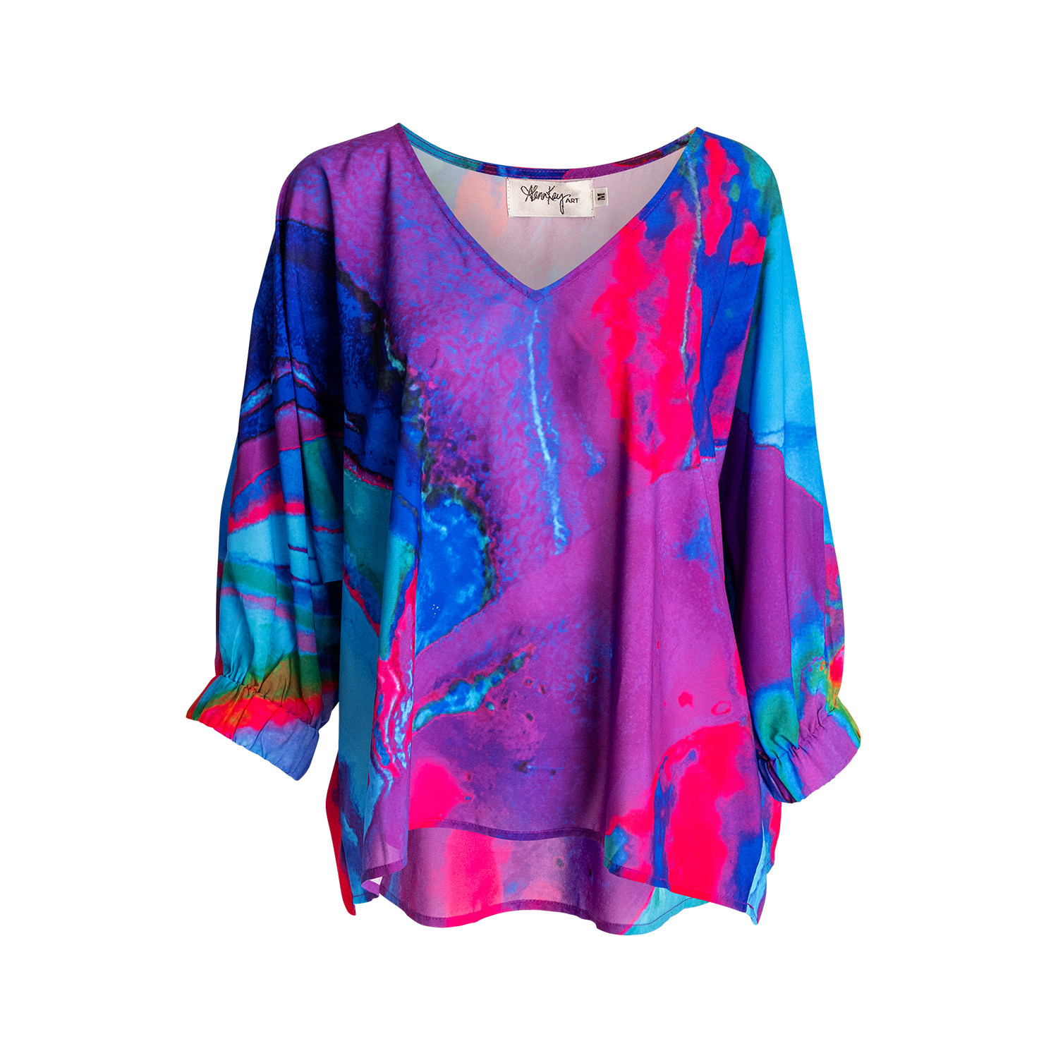 Alanakayart Women's Three Quarter Sleeve V Neck Blouse - Blue And Purple In Blue