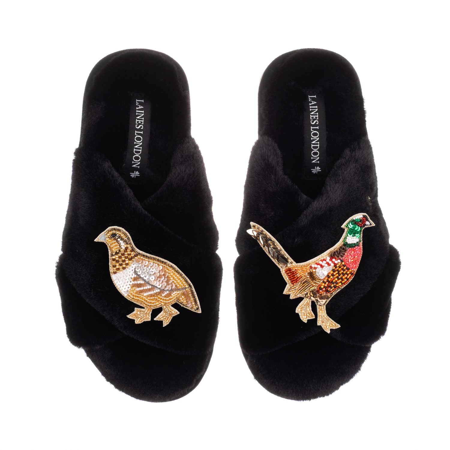 Laines London Women's Classic Laines Slippers With Pheasant & Hen Brooches - Black In Black