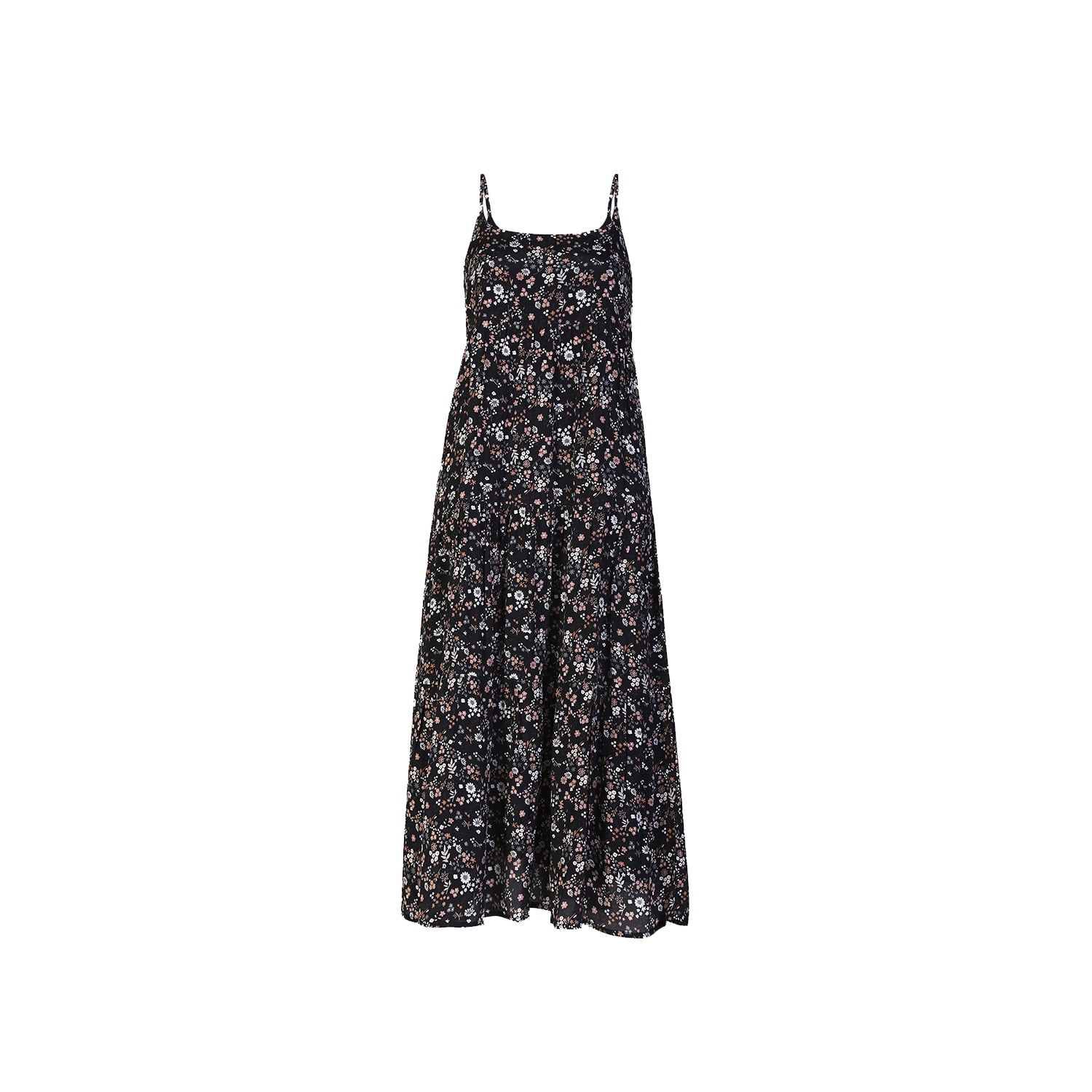 Reistor Women's Black Strappy Tiered Printed Maxi Dress