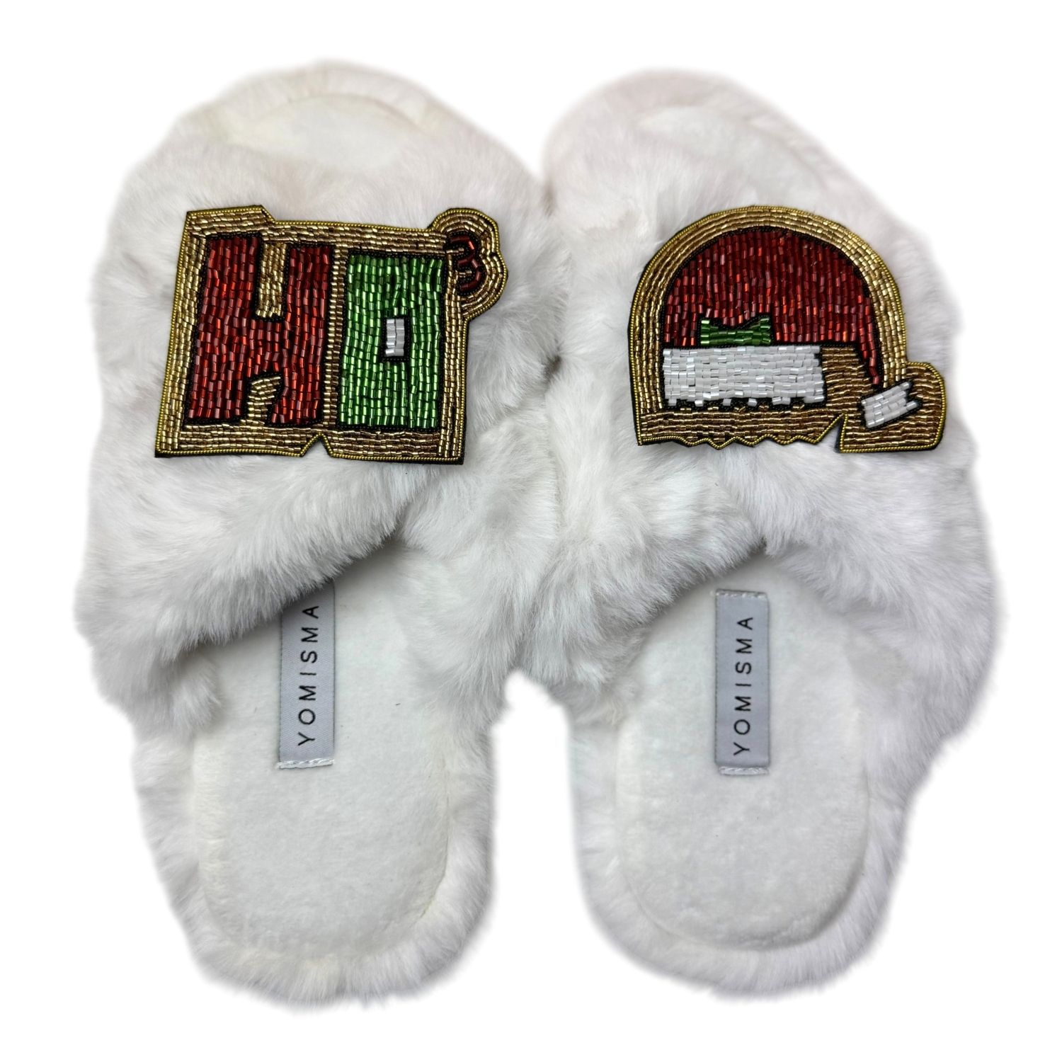 Yomisma Women's White / Green / Red Eco-friendly Holiday Slippers – Ho³ & Santa Hat Hand Beaded Brooches - W In Multi