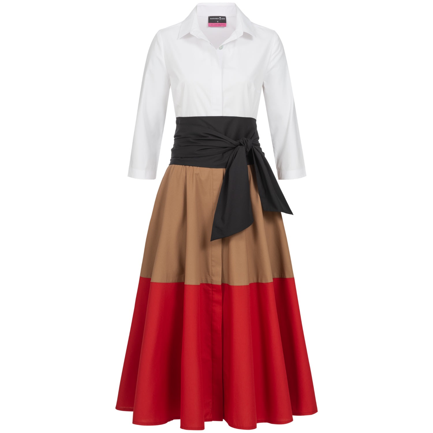 Women's Brown / Red Shirtdress With Tie Belt Color Blocking Caramel-Red | XXL | Marianna Déri