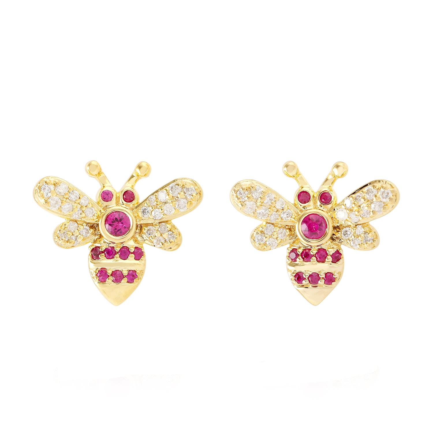 Artisan Women's Gold / White / Red Handmade 18k Yellow Gold Natural Diamond Honey Bee Stud Earrings Ruby Gem