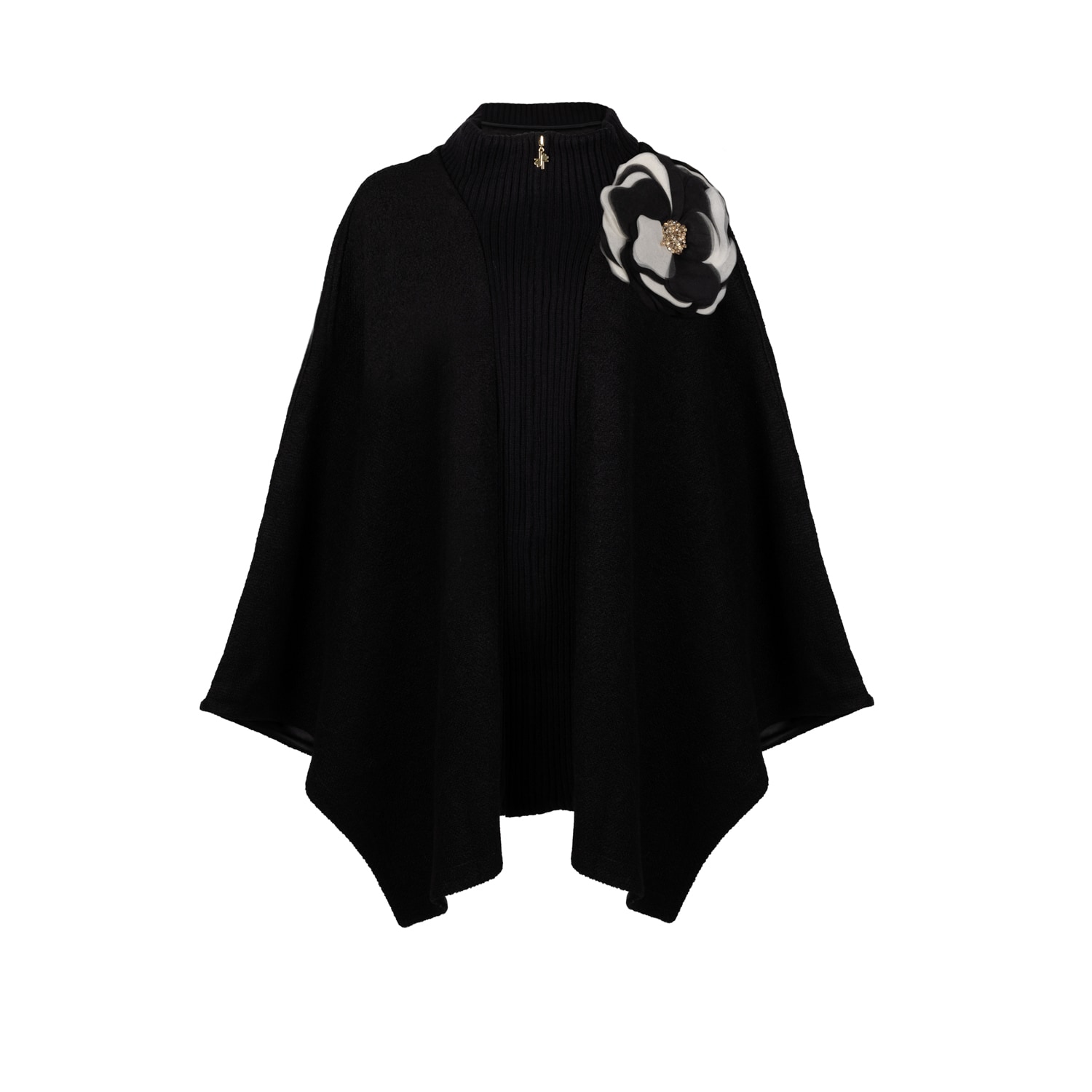 Laines London Women's Laines Couture Wool Blend Zip Cape With Embellished Black & Cream Corsage - Black In Black