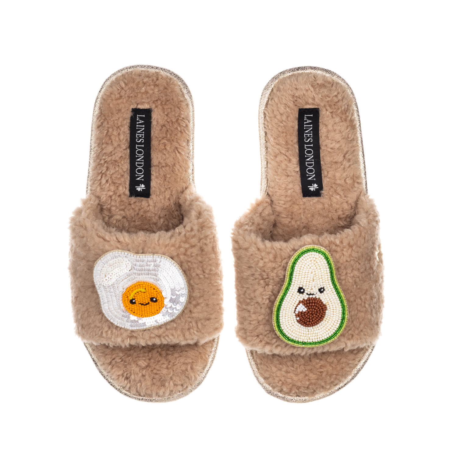 Laines London Women's Brown Teddy Slider Slippers With Laines Loveables Egg & Avocado Brooches - Toffee In Brown