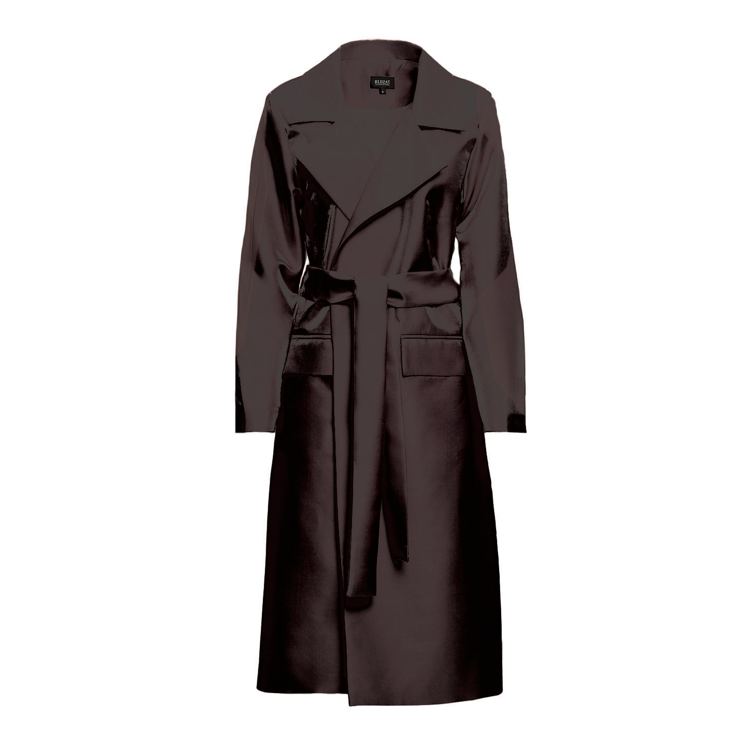 Bluzat Women's Metallic Black Straight Overcoat With Belt