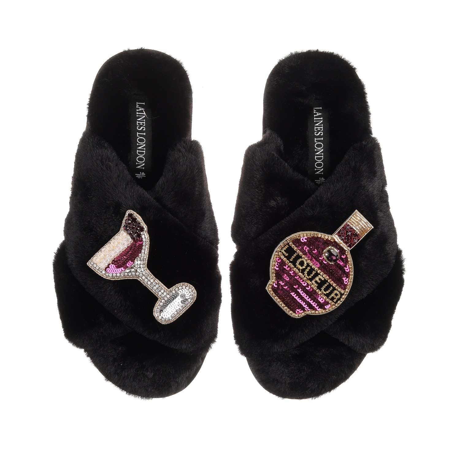 Women’s Classic Laines Slippers With Raspberry Liqueur Brooches - Black Medium Laines London