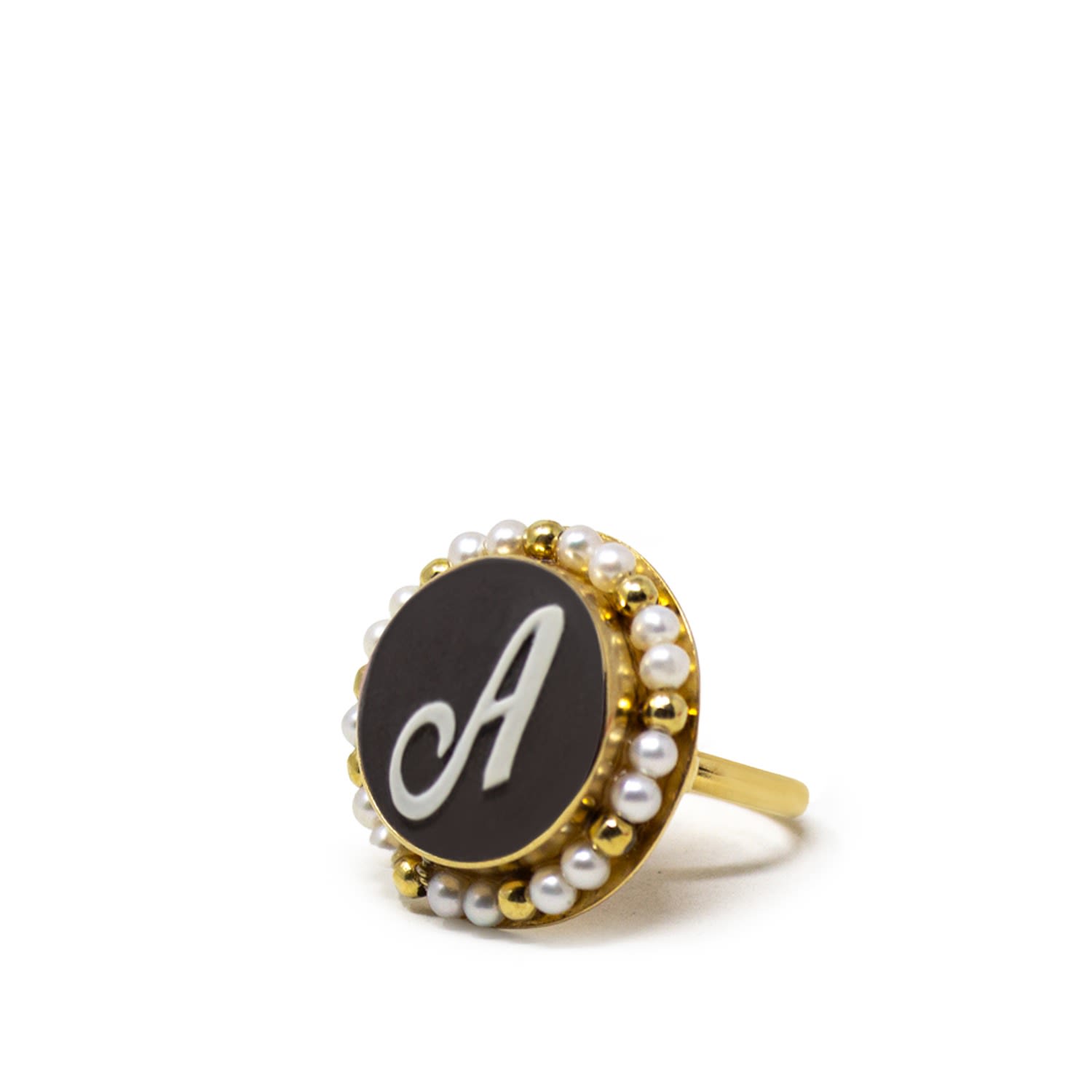 Vintouch Italy Women's Gold / Black Black Initial A Cameo Ring With Pearls In Multi