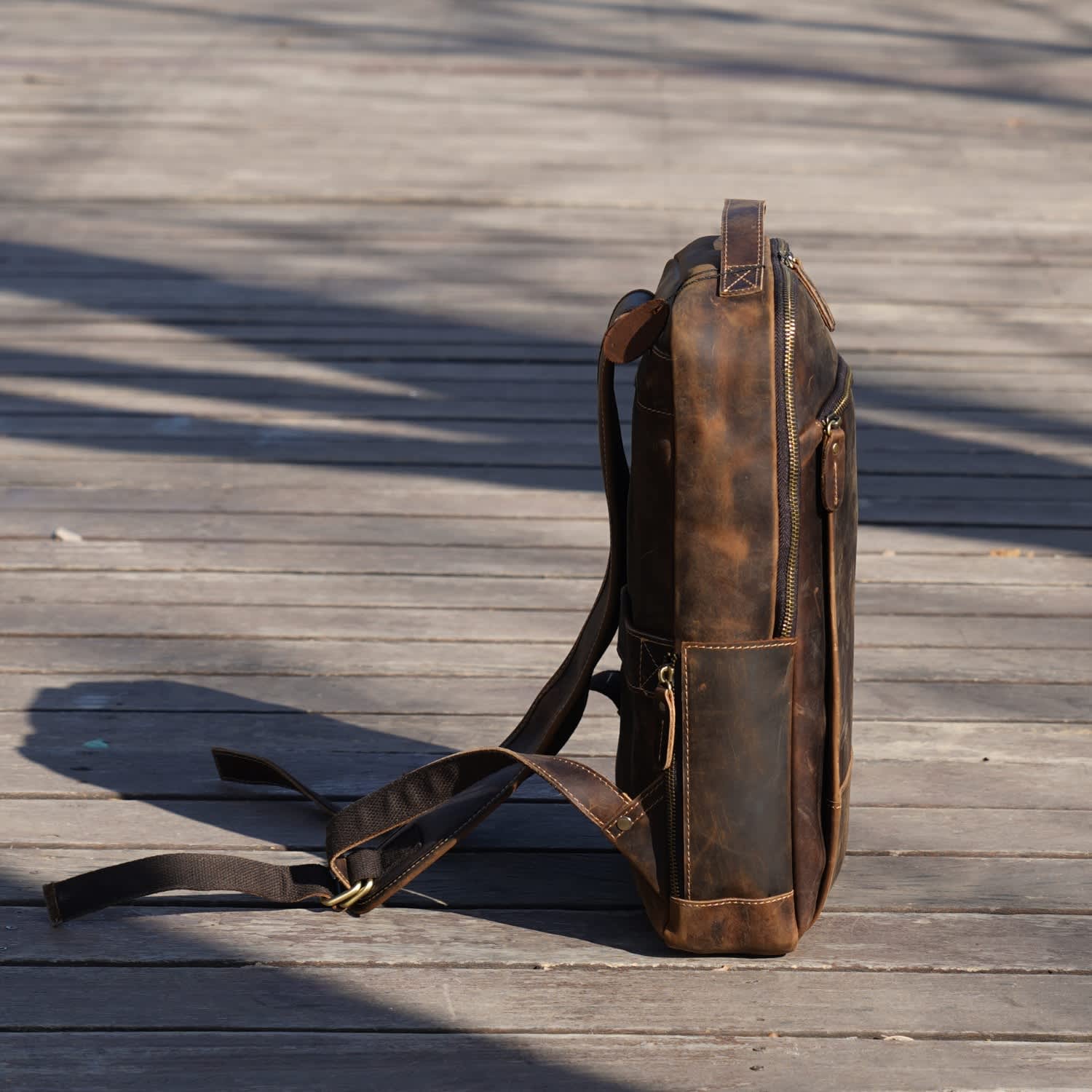 Minimalist Zip Open Leather Backpack - Dark Brown, Touri