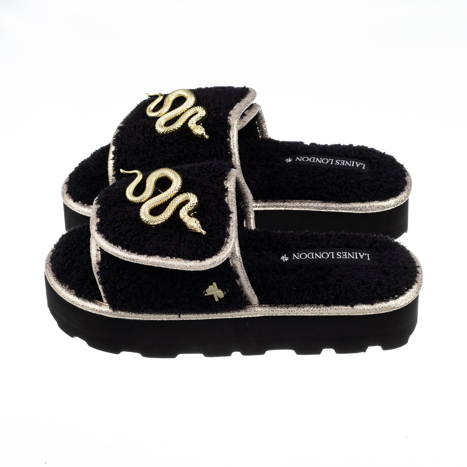 Women’s Terry Towelling Flatform Sliders With Gold Metal Snake Brooches - Black Small Laines London