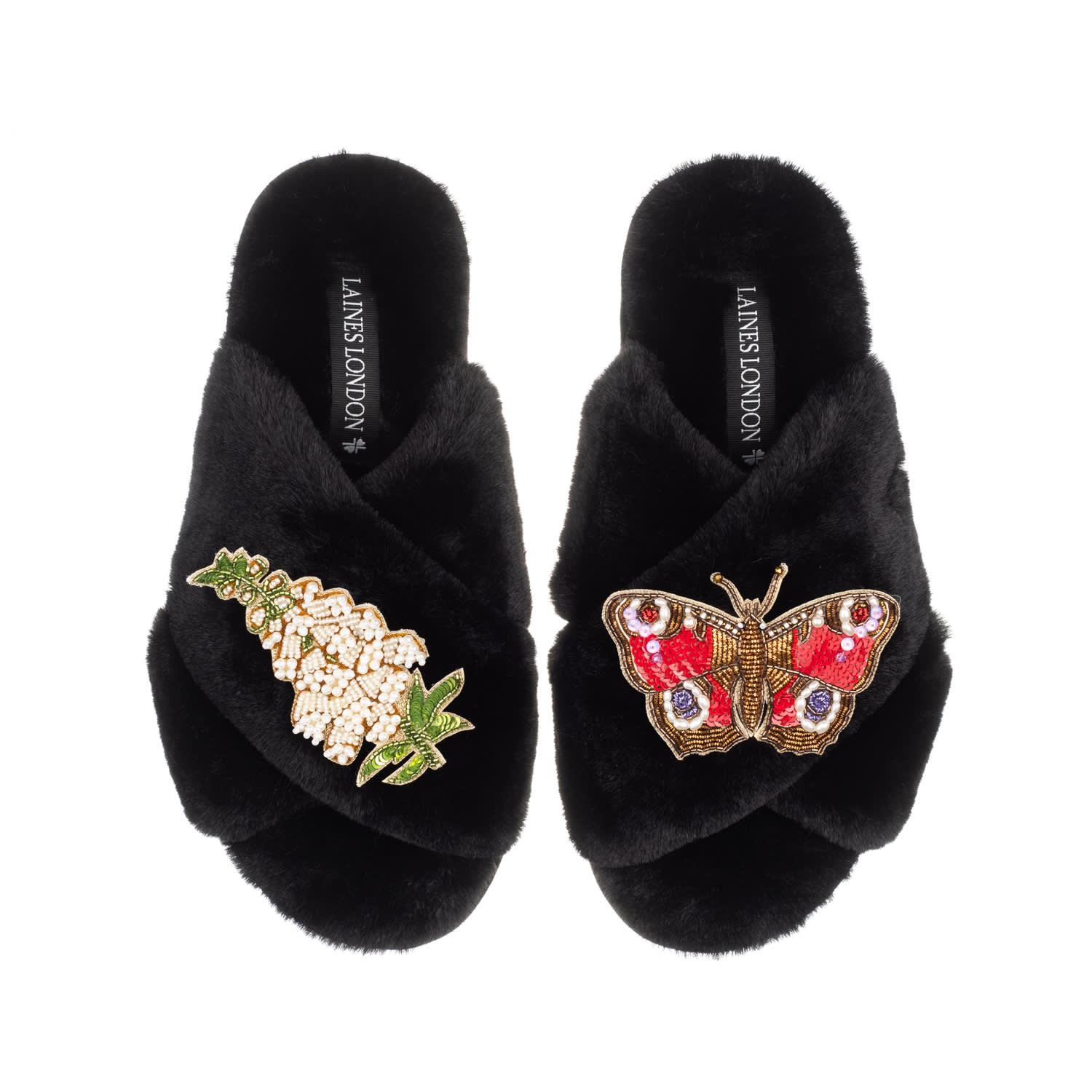 Laines London Women's Classic Laines Slippers With Butterfly & White Foxglove Flowers Brooches - Black In Black