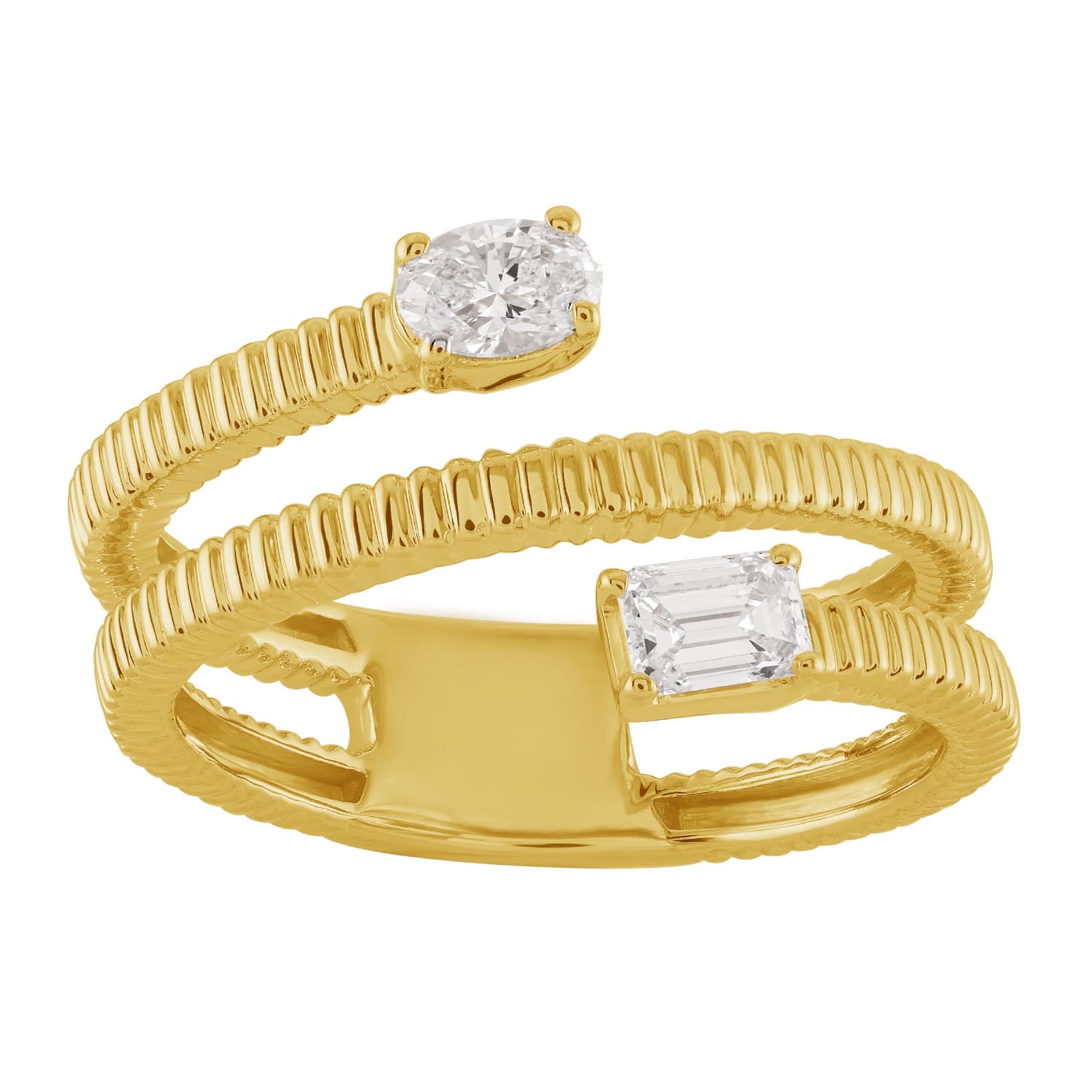 Artisan Women's Gold / White 14k Gold Ribbed Bypass Ring With Round & Emerald-cut Diamonds In Gold