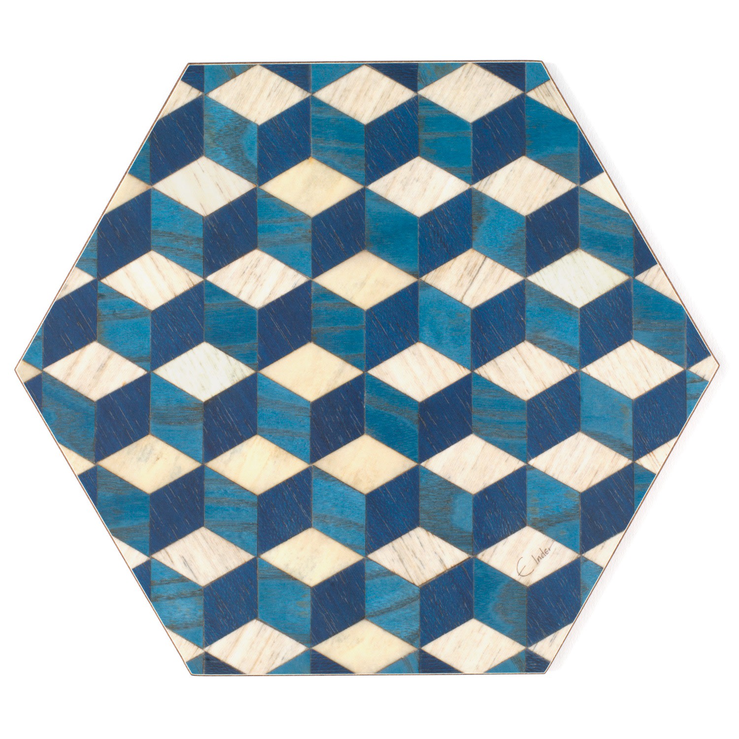 Blue / Neutrals Placemat Set Of Four Small Hexagonal Shape. Deep Blue Heat Proof Melamine Tied With Ribbon For Gifting. Please Measure Plate Before Buying. E. Inder Designs