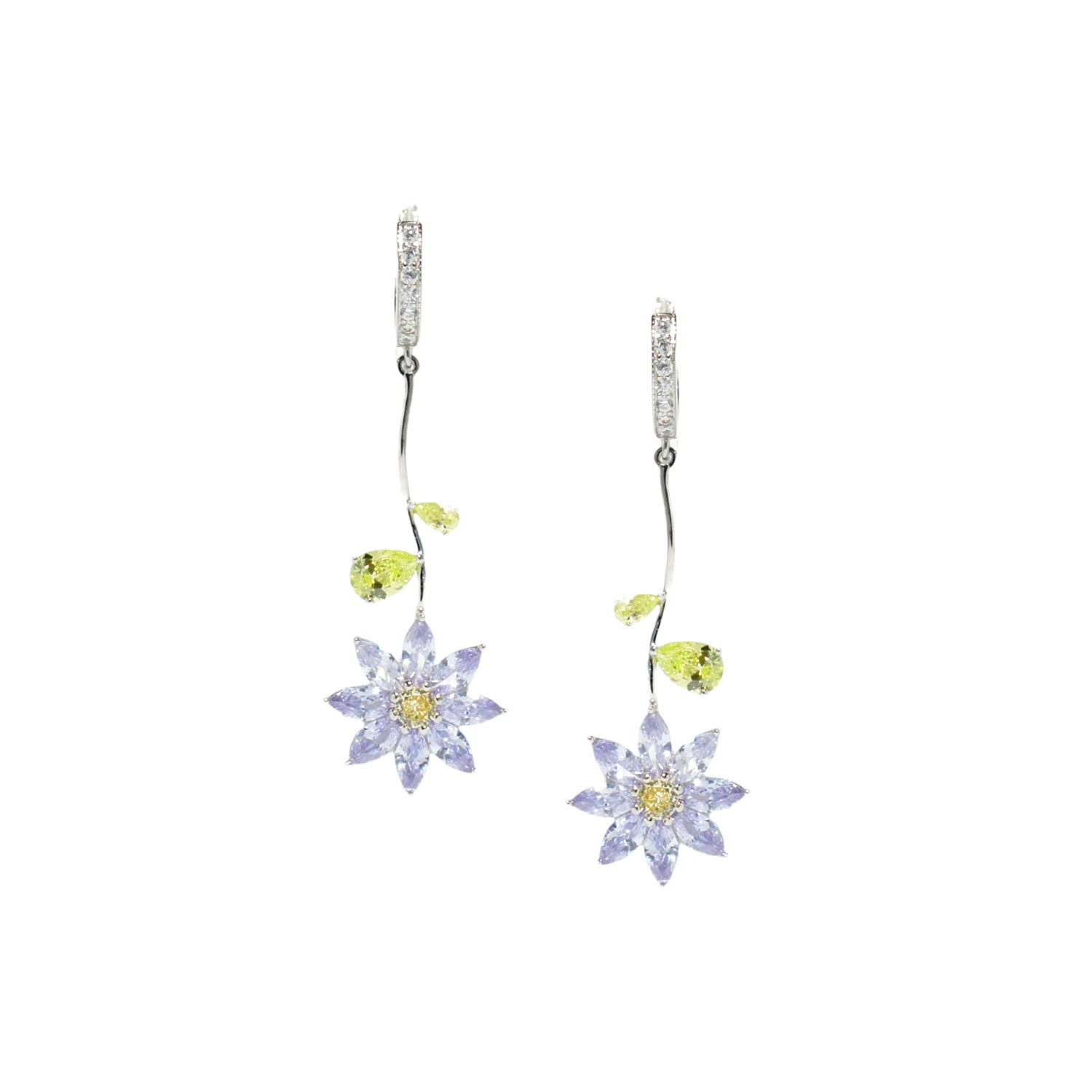 I'mmany London Women's Pink / Purple Garden Tales Crystal Daisy Drop Earring With Pave Hoops, Lilac