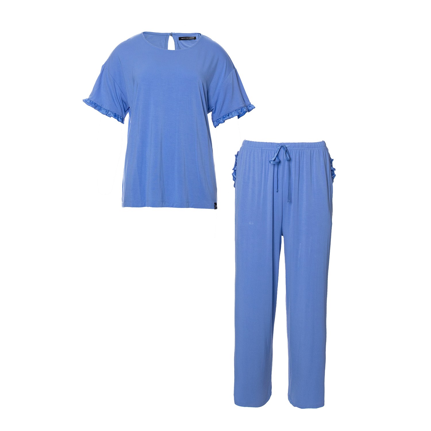 Pretty You Women's Bamboo Frill Tee Trouser Set In Cornflower Blue In Blue