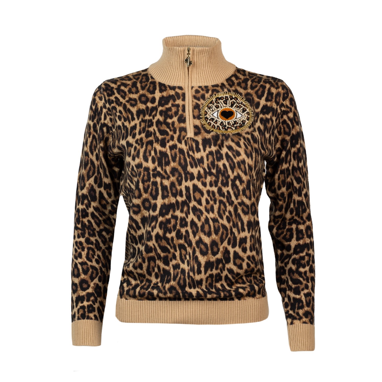 Laines London Women's Black / Brown Laines Couture Animal Print Quarter Zip Jumper With Embellished Leopard Love E