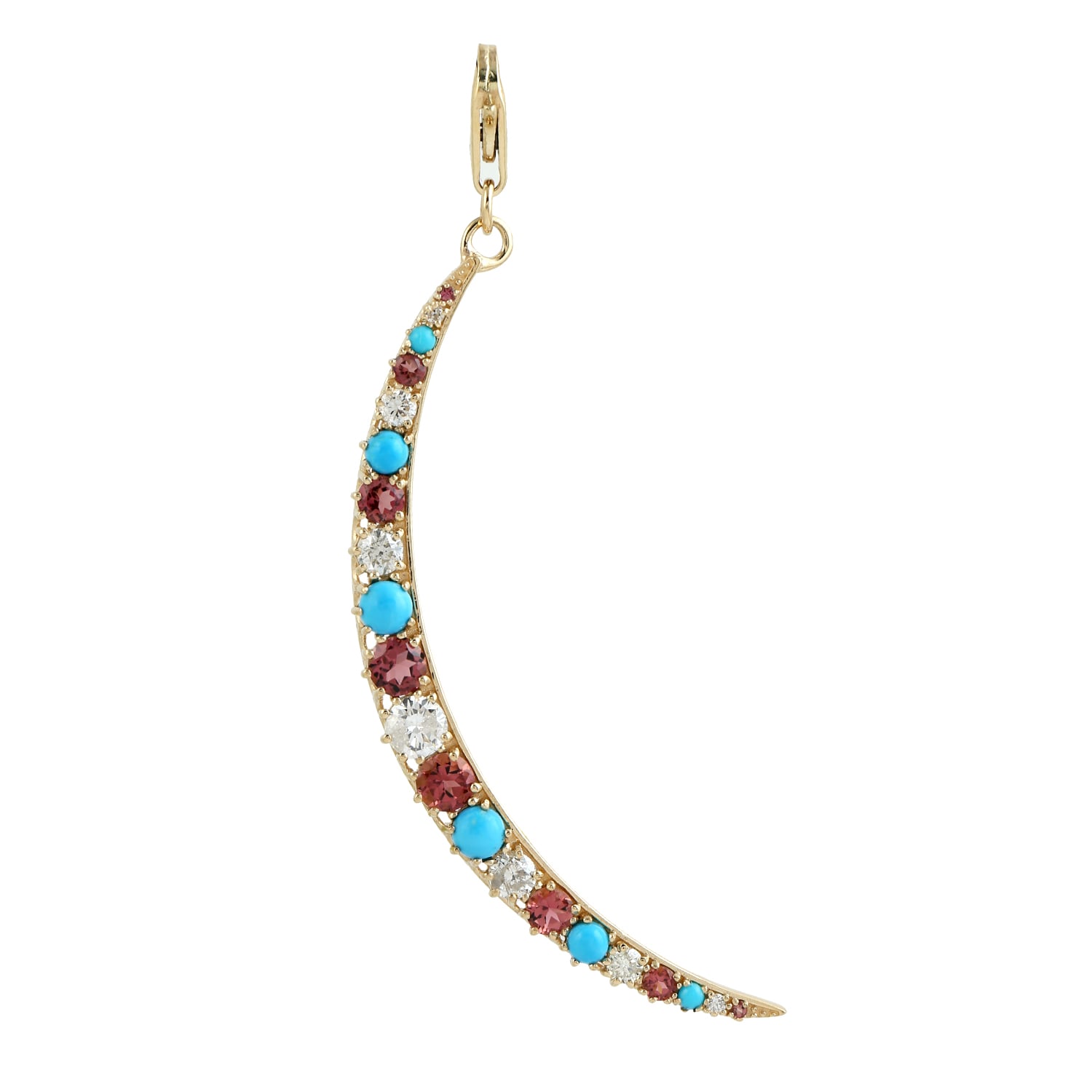 Artisan Women's Gold / White Pink Tourmaline & Turquoise Pave Diamond Crescent Moon Pendant In Gold
