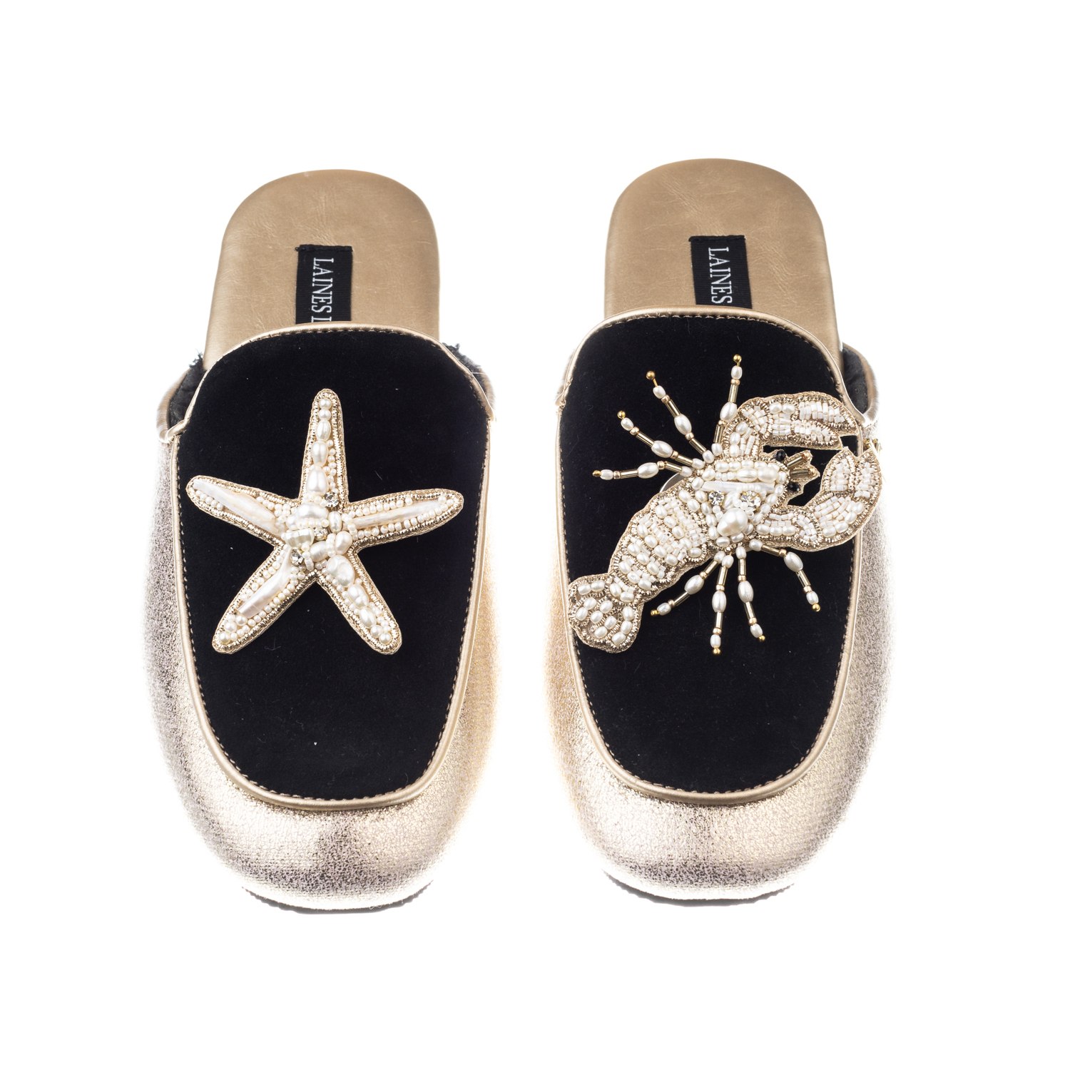 Laines London Women's Black / Gold Classic Mules With Pearl Starfish & Lobster Brooches - Black & Gold In Black/gold