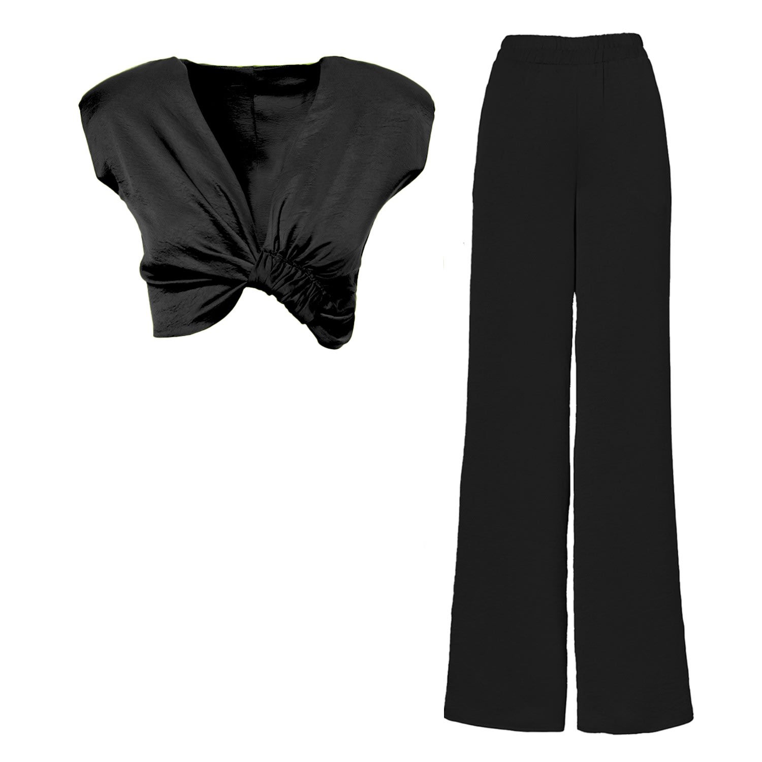 Bluzat Black Set With Top With Knot And Wide Leg Trousers In Black