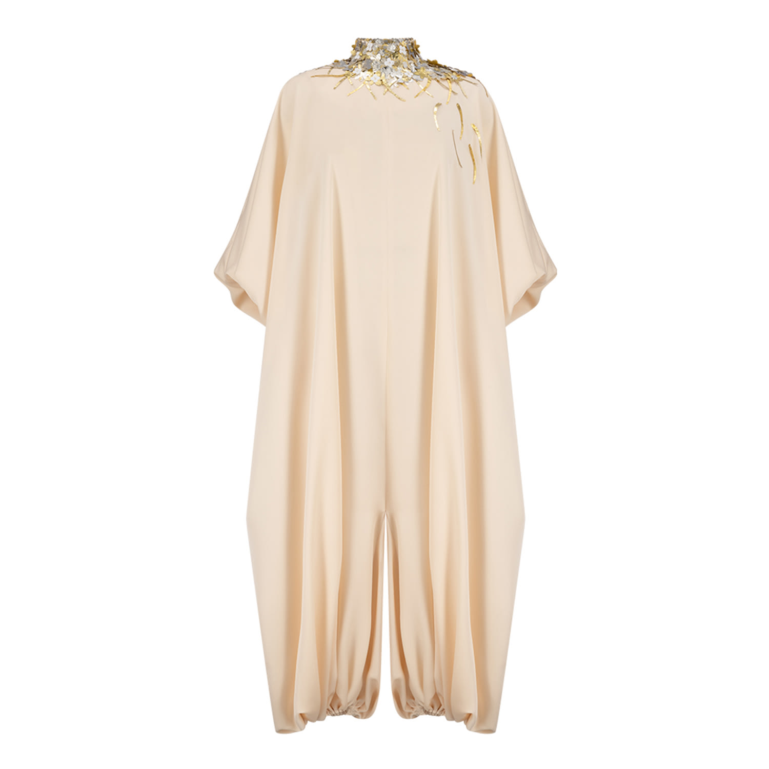 Azzalia Women's Neutrals High Neck  Jumpsuit With Three-d Metallic Embroidered On The Neck With Puffed Sleev In Brown