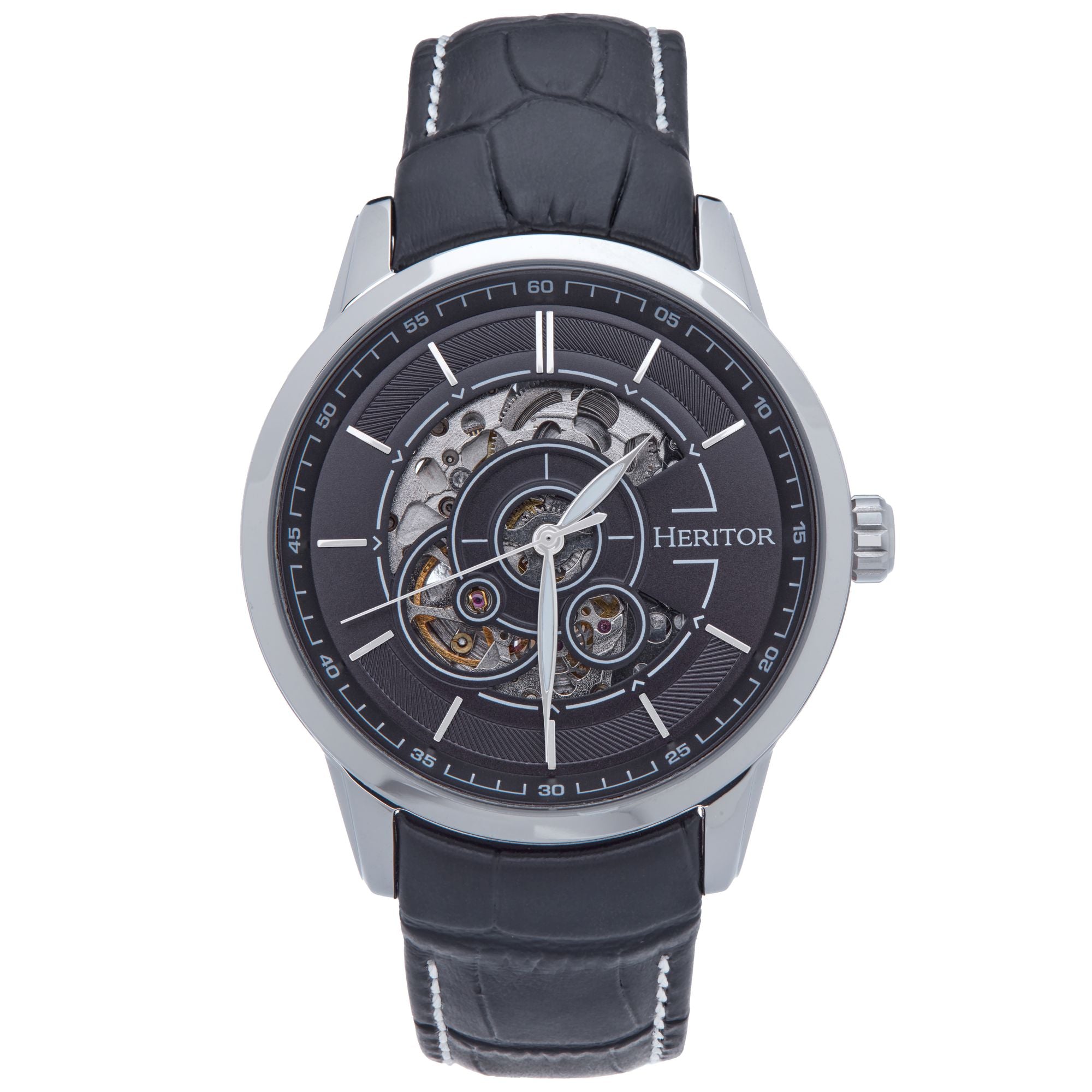 Men’s Silver / Black Davies Semi-Skeleton Leather-Band Watch - Black, Silver One Size Heritor Automatic