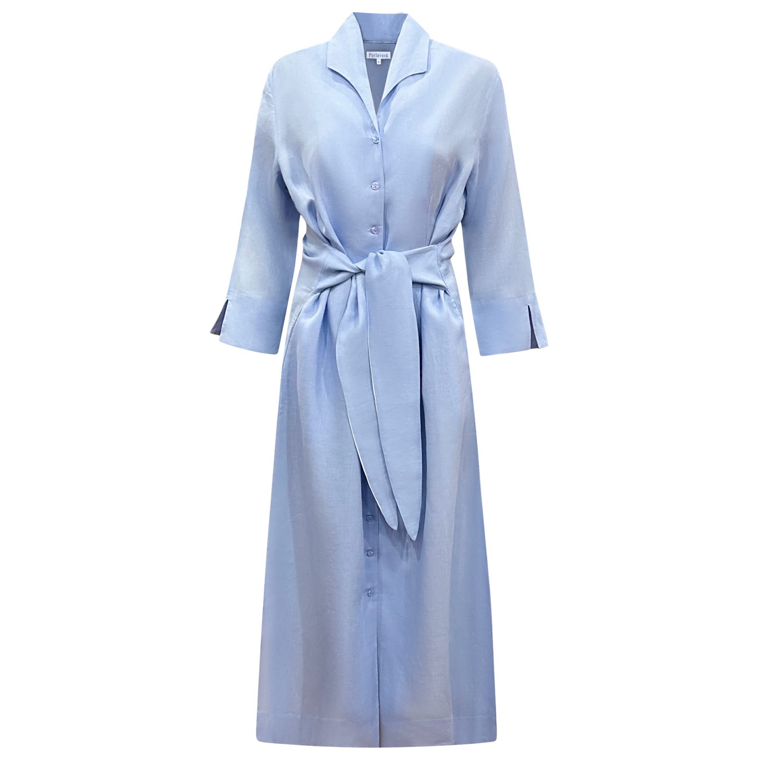 Perlavera Women's Blue Lara Azul Solid Linen Slim Fit Maxi Dress With Side Slits And Belt In Blue
